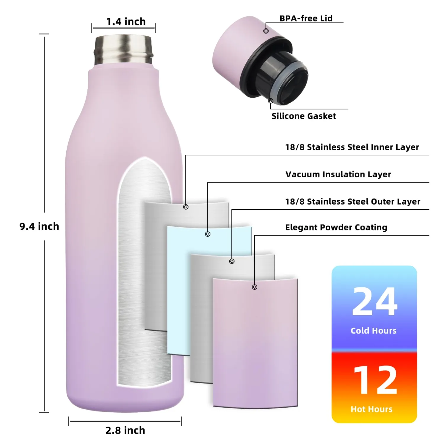 BJPKPK Insulated Water Bottles, 18 oz Stainless Steel Metal Water Bottle with Strap, BPA Free Leak Proof Thermos, Mugs, Flasks, Reusable Water Bottle for Sports & Travel, Dreamy Purple