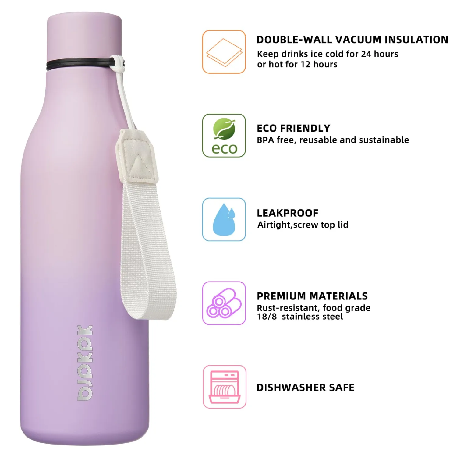BJPKPK Insulated Water Bottles, 18 oz Stainless Steel Metal Water Bottle with Strap, BPA Free Leak Proof Thermos, Mugs, Flasks, Reusable Water Bottle for Sports & Travel, Dreamy Purple