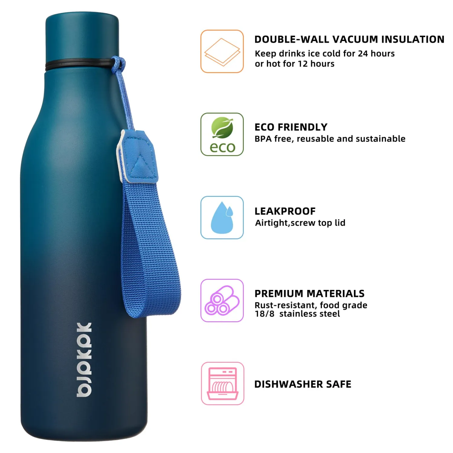 BJPKPK Insulated Water Bottles, 18 oz Stainless Steel Metal Water Bottle with Strap, BPA Free Leak Proof Thermos, Mugs, Flasks, Reusable Water Bottle for Sports & Travel, Sea