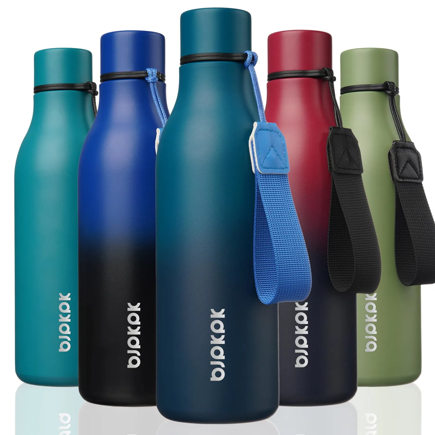 BJPKPK Insulated Water Bottles, 18 oz Stainless Steel Metal Water Bottle with Strap, BPA Free Leak Proof Thermos, Mugs, Flasks, Reusable Water Bottle for Sports & Travel, Sea