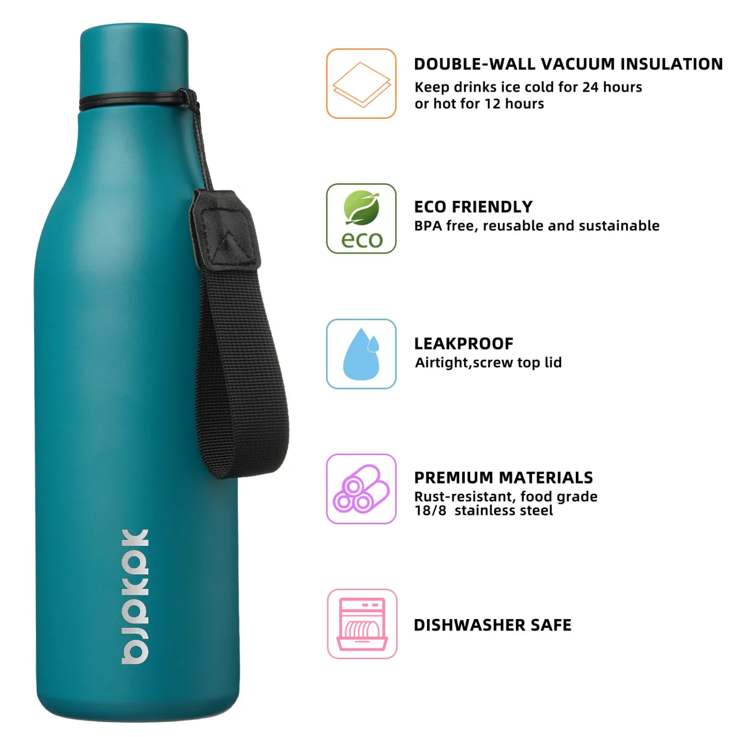 BJPKPK Insulated Water Bottles, 25 oz Stainless Steel Metal Water Bottle with Strap, BPA Free Leak Proof Thermos, Mugs, Flasks, Reusable Water Bottle for Sports & Travel, Lake Blue