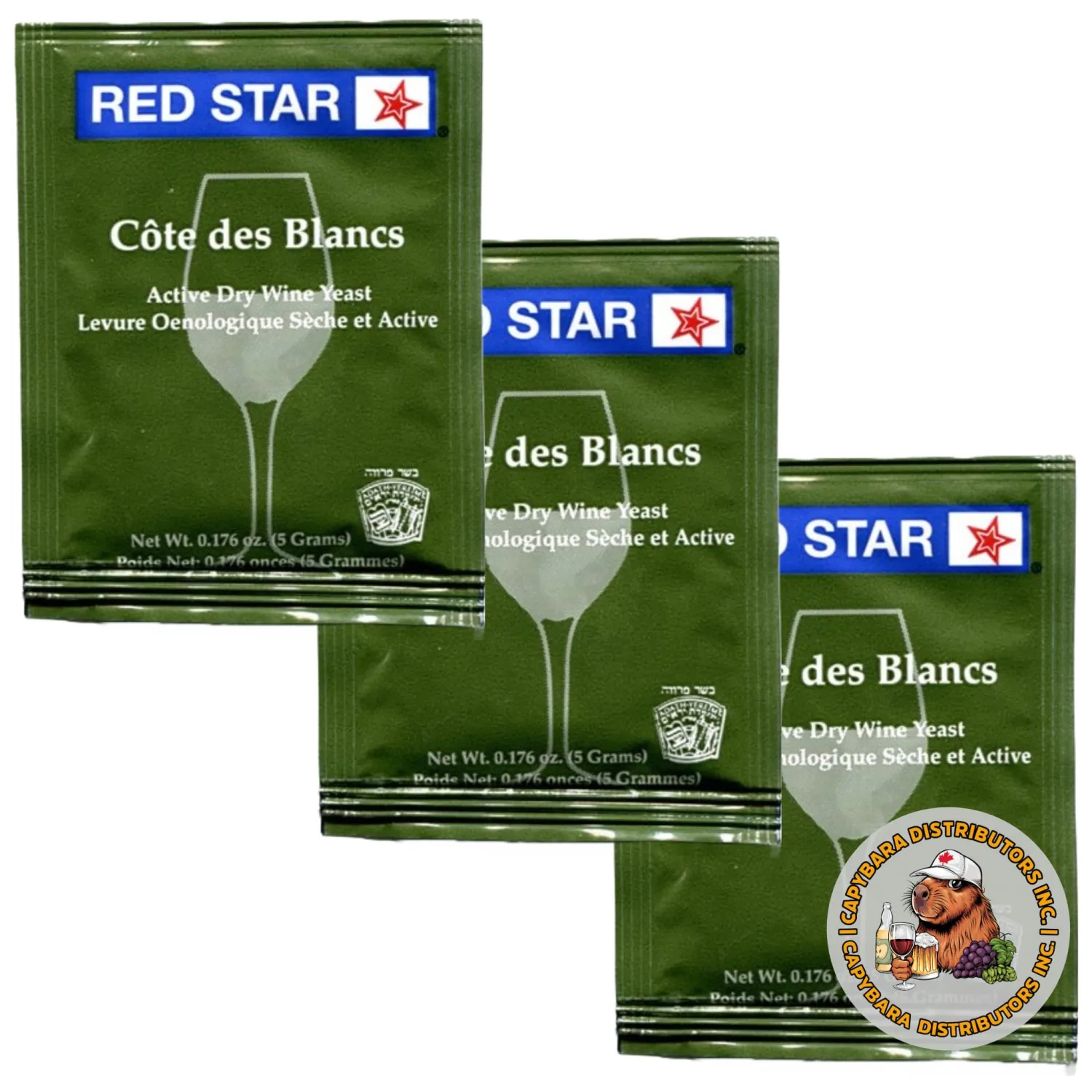 Red Star Cotes Des Blancs Wine Yeast (3 Pack) - Great for Making Wine Cider Mead Kombucha at Home - 5 g Sachets - Saccharomyces cerevisiae - Sold by CAPYBARA Distributors Inc.