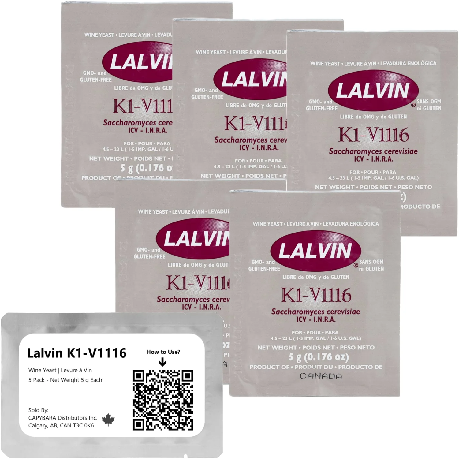 Lalvin K1-V1116 Wine Yeast (5 Pack) - Make Wine Cider Mead Kombucha At Home - 5 g Sachets - Saccharomyces cerevisiae - Sold by CAPYBARA Distributors Inc.