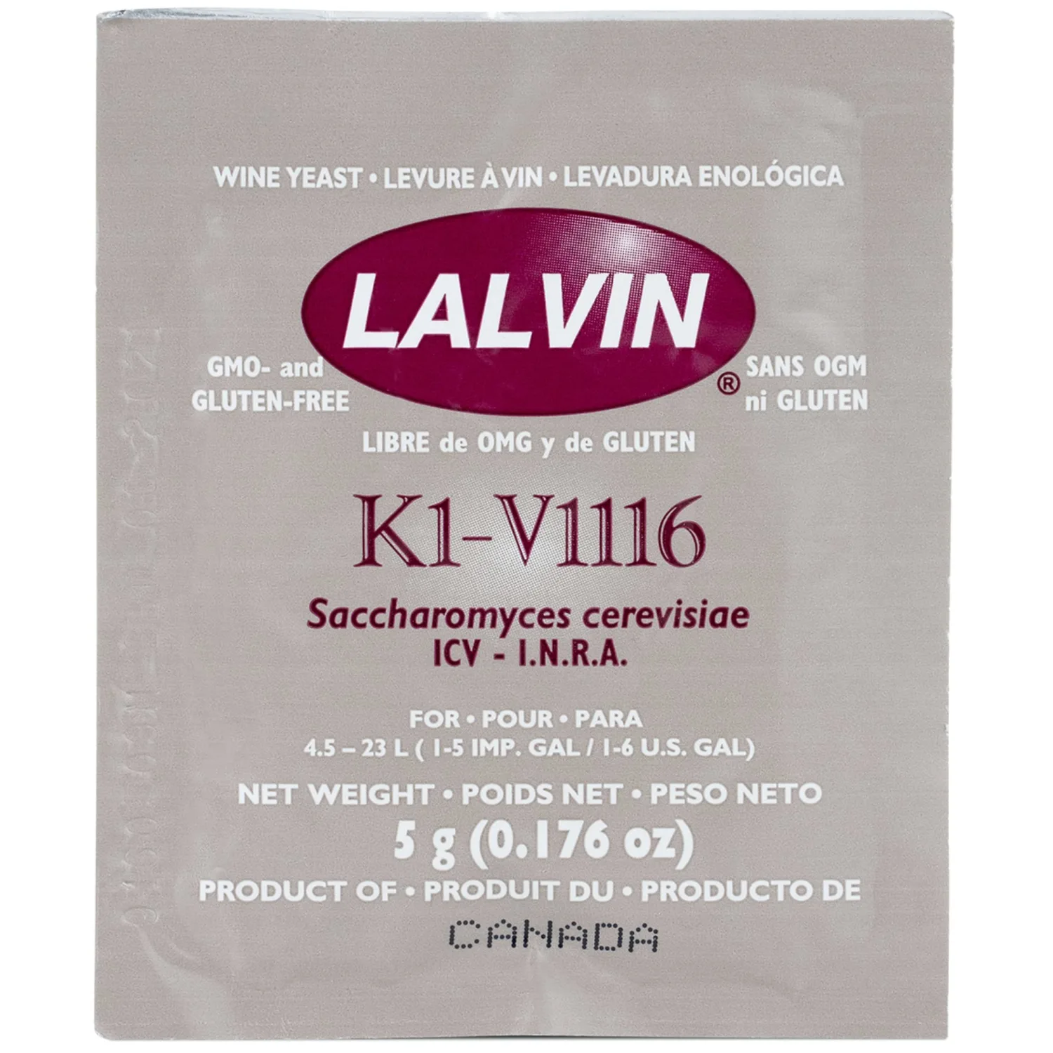Lalvin K1-V1116 Wine Yeast (5 Pack) - Make Wine Cider Mead Kombucha At Home - 5 g Sachets - Saccharomyces cerevisiae - Sold by CAPYBARA Distributors Inc.