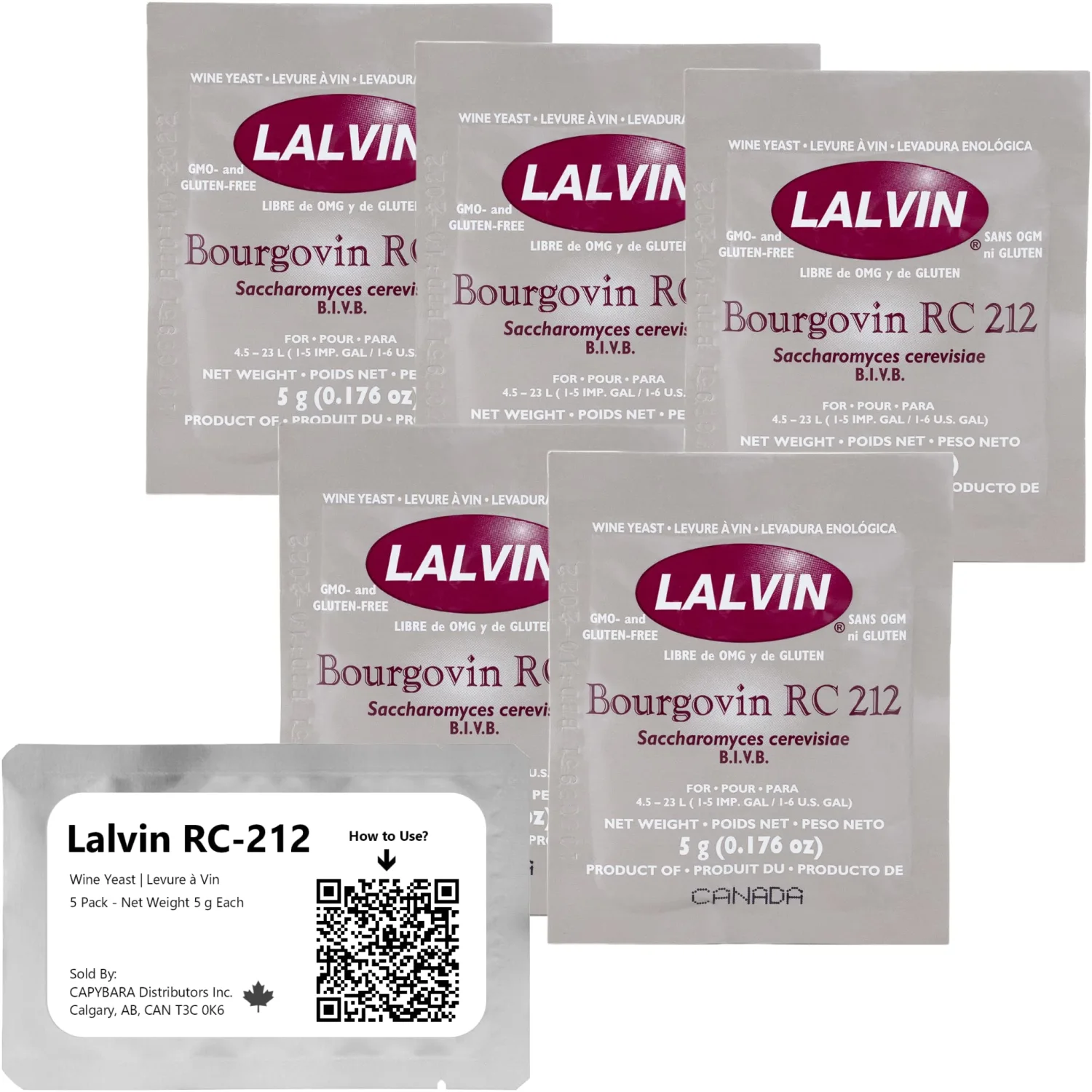Lalvin RC-212 Wine Yeast (5 Pack) - Make Wine Cider Mead Kombucha At Home - 5 g Sachets - Saccharomyces cerevisiae - Sold by CAPYBARA Distributors Inc.