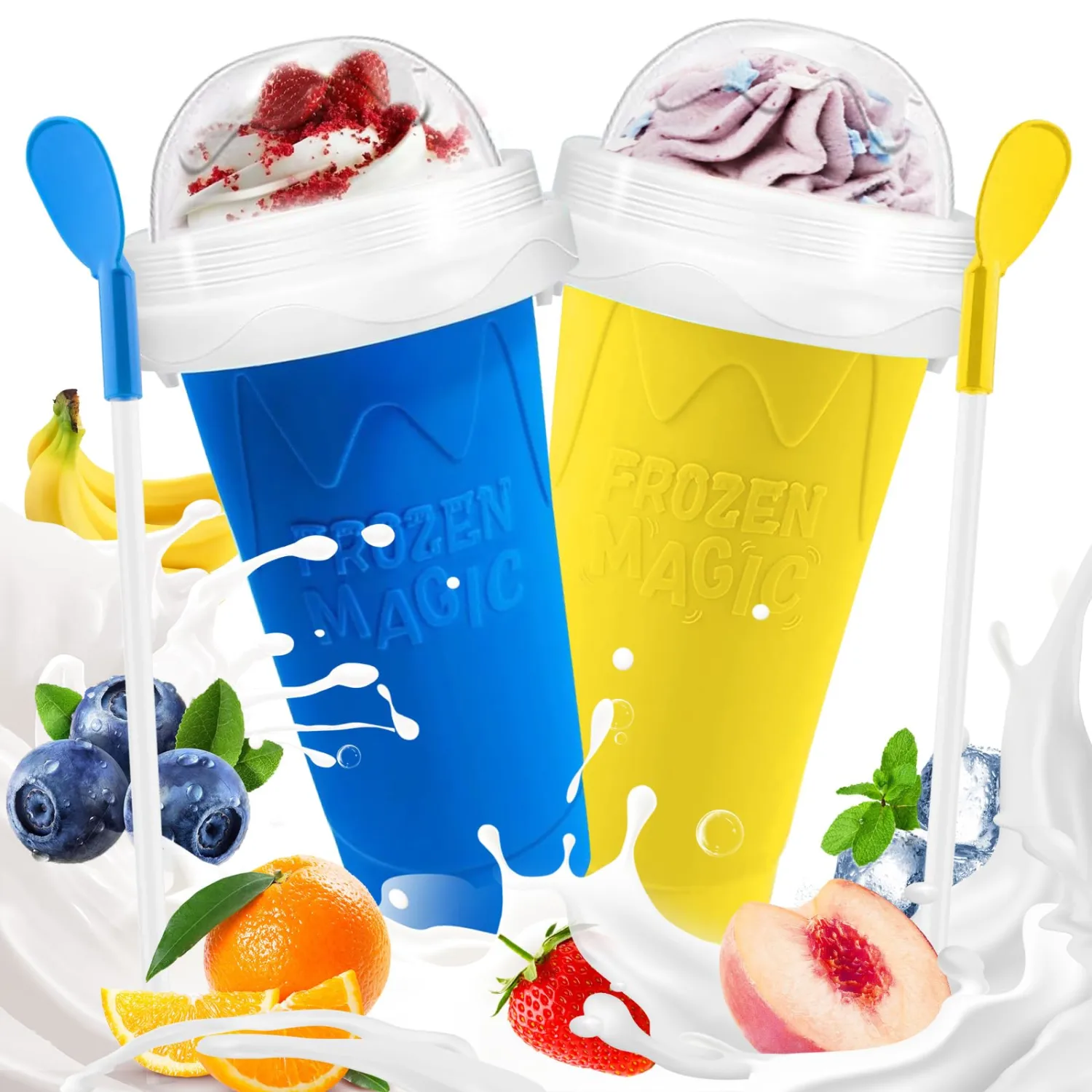 Slushie Cup, 2 Pack Slushy Maker Cup, DIY Frozen Magic Squeeze Cups with Lid & Straw for Juice Milk Yogurt Smoothie for Kids Friends (Blue+Yellow)