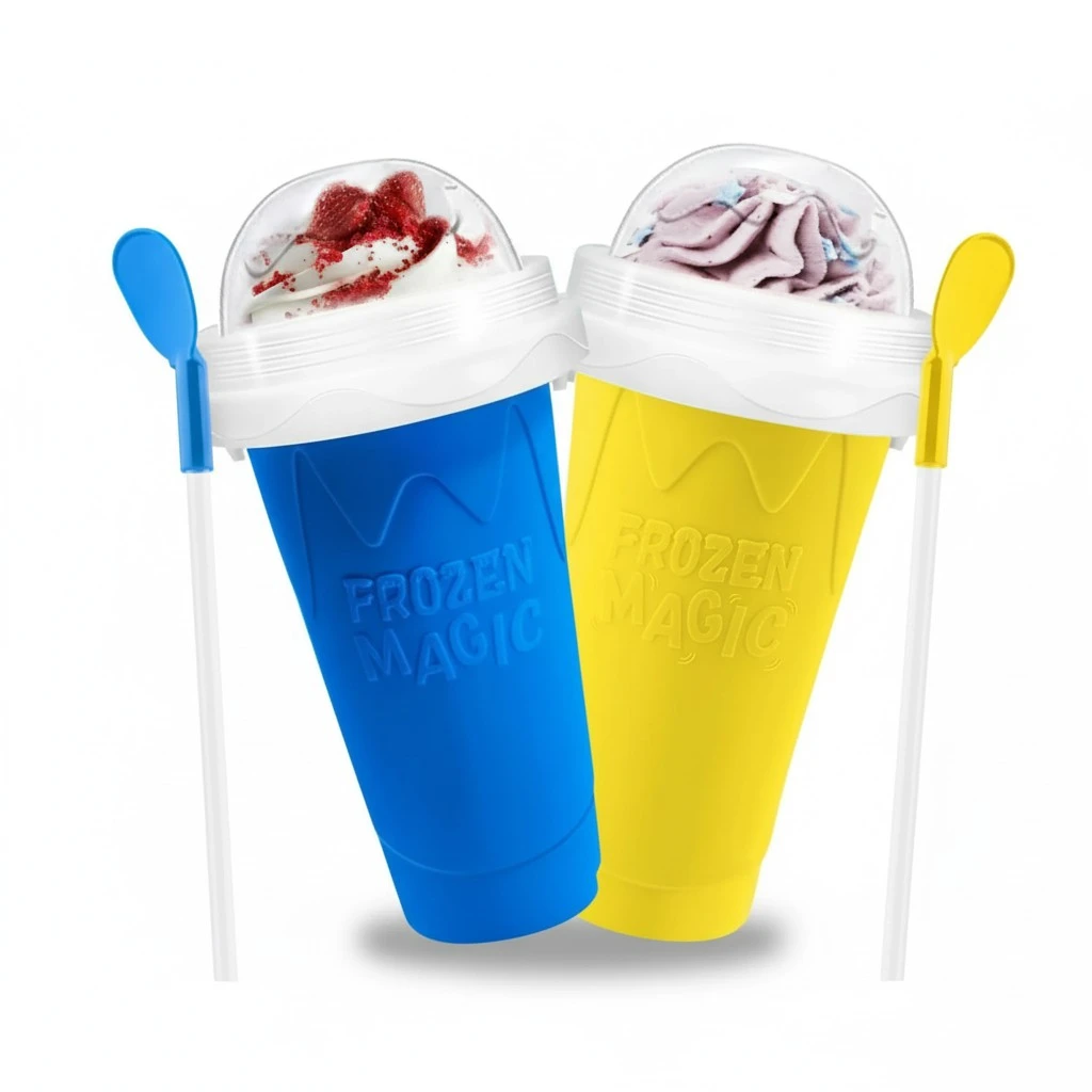Slushie Cup, 2 Pack Slushy Maker Cup, DIY Frozen Magic Squeeze Cups with Lid & Straw for Juice Milk Yogurt Smoothie for Kids Friends (Blue+Yellow)