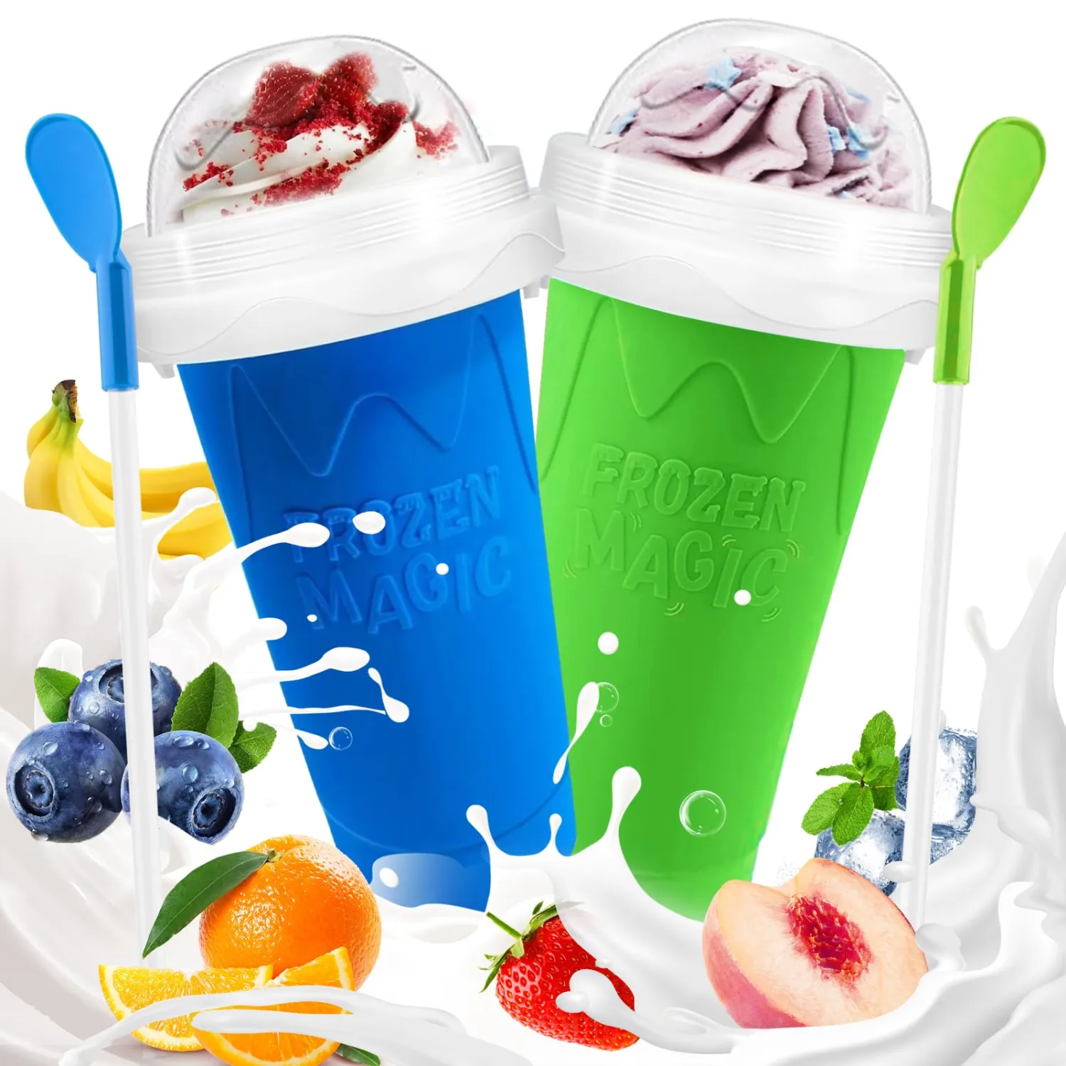 Slushie Cup, 2 Pack Slushy Maker Cup, Frozen Magic Squeeze Cups for Juice Milk Yogurt Ice Cream Make, DIY Smoothie Cooling Cup with Lid & Straw for Kids Friends Family (Blue+Green)