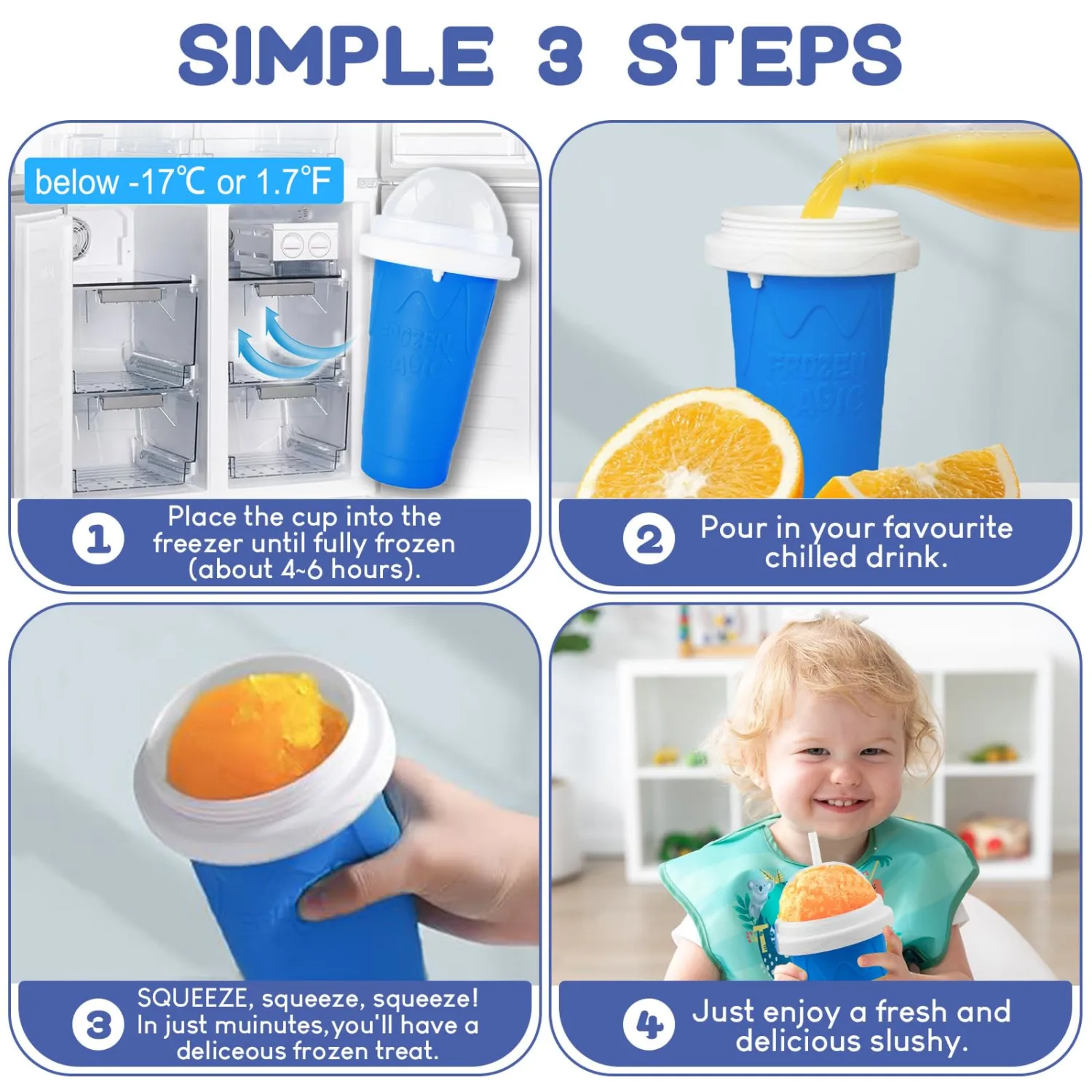 Slushie Cup, 3 Pack Slushy Maker Cup, DIY Magic Squeeze Cups for Juice Milk Yogurt Ice Cream Make, Portable Double Layer Smoothie Cup with Lid & Straw for Kids Friends Family (Blue+Pink+Green)
