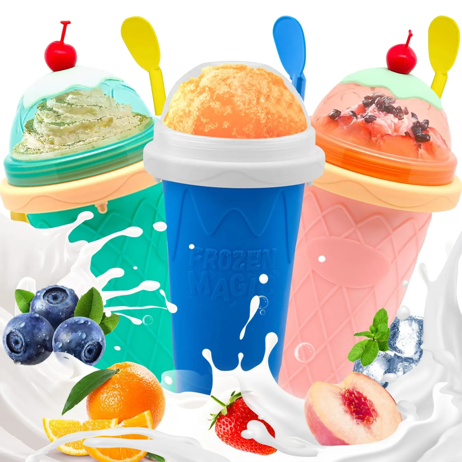 Slushie Cup, 3 Pack Slushy Maker Cup, DIY Magic Squeeze Cups for Juice Milk Yogurt Ice Cream Make, Portable Double Layer Smoothie Cup with Lid & Straw for Kids Friends Family (Blue+Pink+Green)