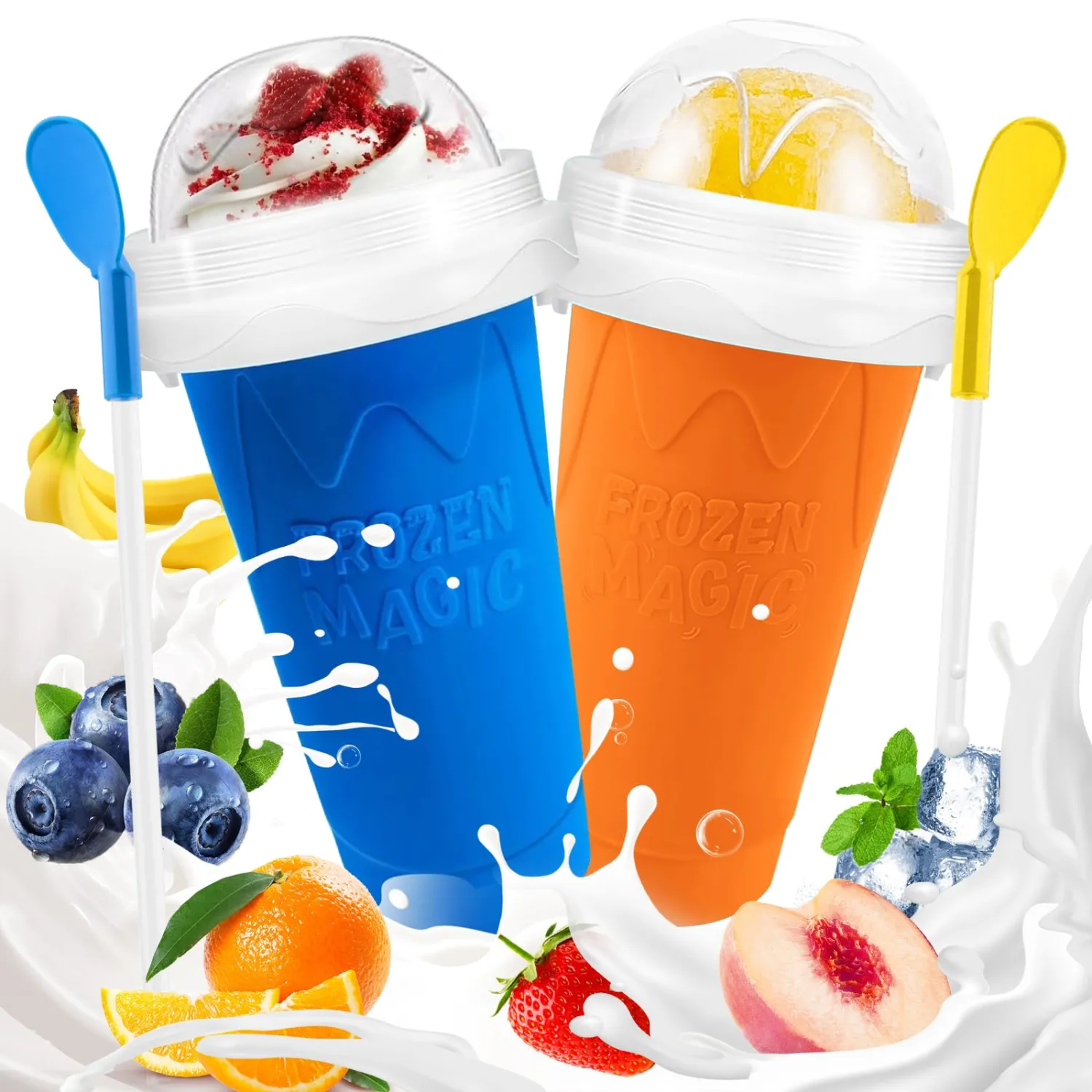 Slushie Cup, 2 Pack Frozen Magic Slushy Cup, Reusable Slushie Maker Cup for Juice Milk Yogurt Ice Cream Make, DIY Slushy Maker Cups with Lid & Straw for Kids Friends Family (Blue+Orange)