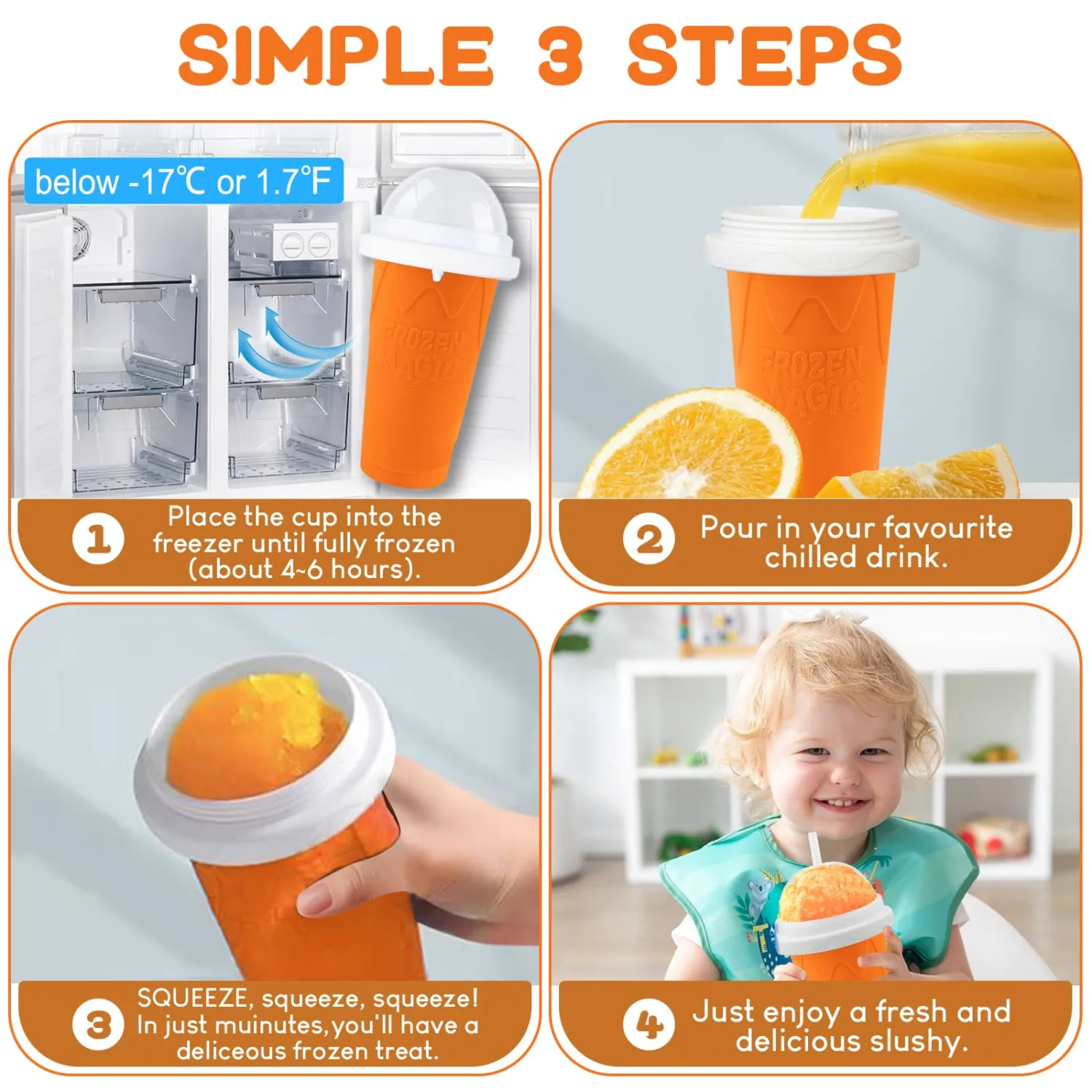 Slushie Cup, 2 Pack Frozen Magic Slushy Cup, Reusable Slushie Maker Cup for Juice Milk Yogurt, DIY Slushy Maker Cups with Lid & Straw for Kids Friends Family (New Pink++Orange)