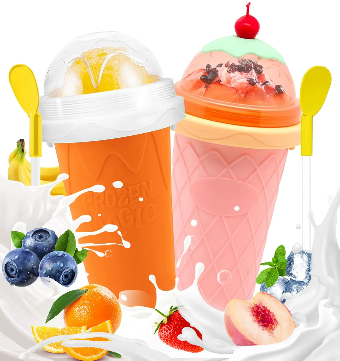 Slushie Cup, 2 Pack Frozen Magic Slushy Cup, Reusable Slushie Maker Cup for Juice Milk Yogurt, DIY Slushy Maker Cups with Lid & Straw for Kids Friends Family (New Pink++Orange)