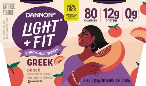Dannon Light + Fit Peach Greek Fat Free Yogurt, Creamy and Delicious Gluten Free, 4 Ct, 5.3 OZ Cups