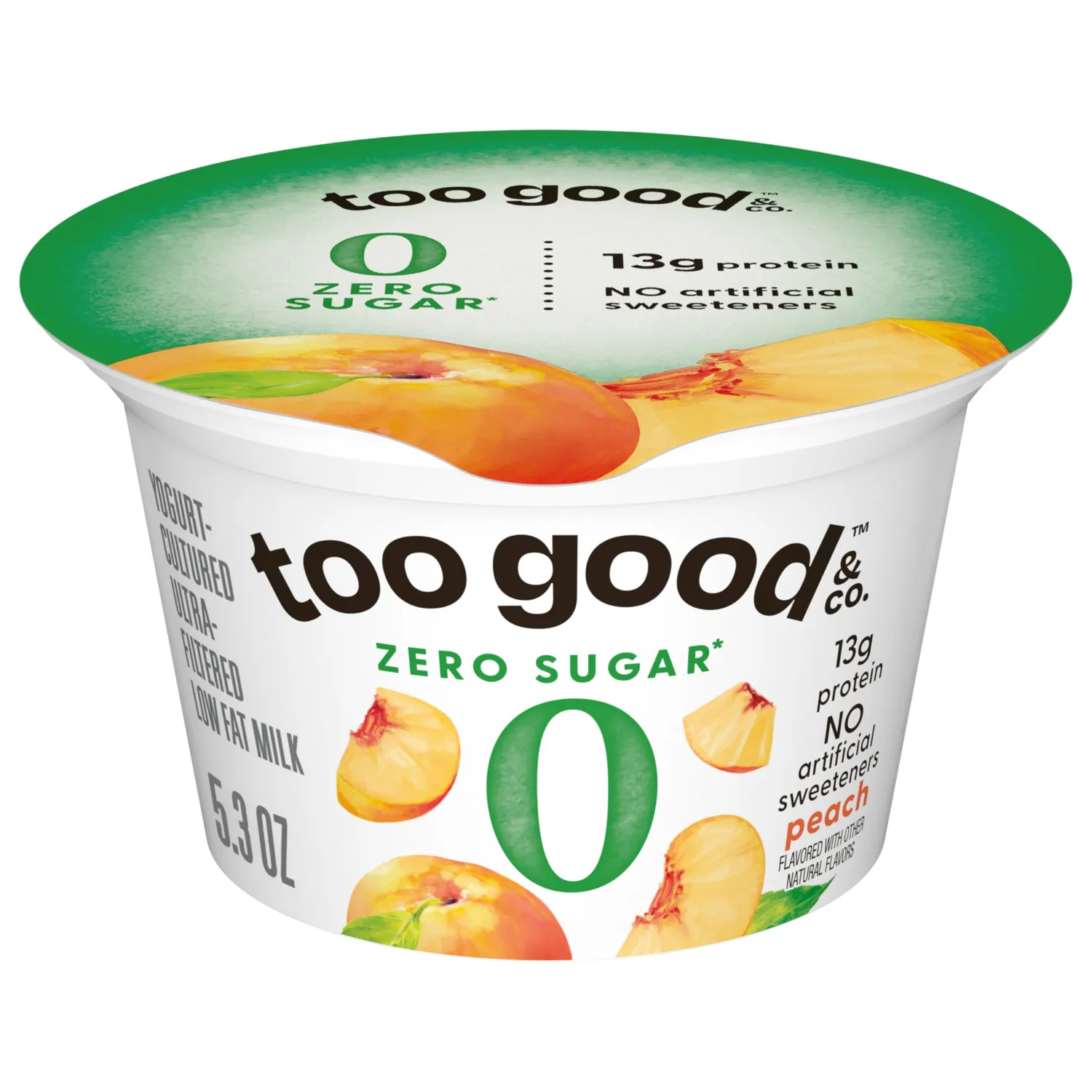 Too Good & Co. Zero Sugar Peach Yogurt-Cultured Ultra-Filtered Low Fat Milk Product, Gluten Free, Keto Friendly, 5.3 oz Cup