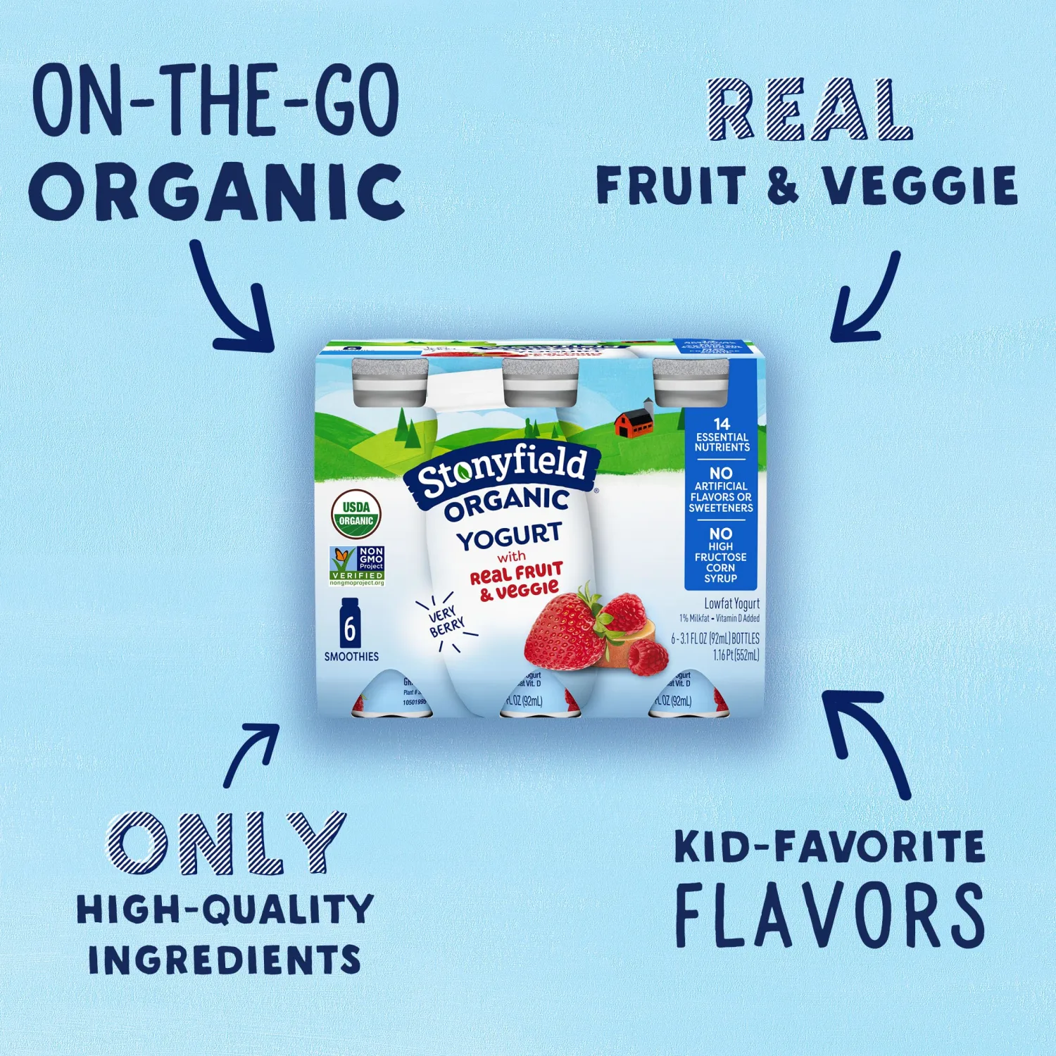 Stonyfield Organic Lowfat Yogurt Smoothies, Very Berry, 3.1 oz.,- #1 Organic Kids Yogurt, Real Fruit & Wholesome Ingredients, 6 count (Pack of 1)