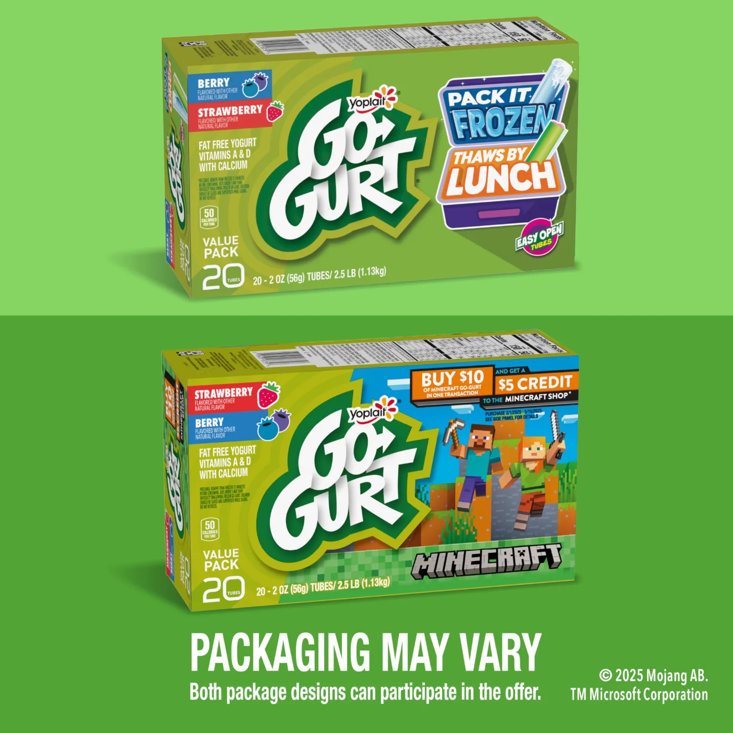 Go-GURT Berry and Strawberry Kids Fat Free Yogurt, Minecraft Shop Offer On Box, Gluten Free, Value Pack, 2 oz Yogurt Tubes, 20 Count