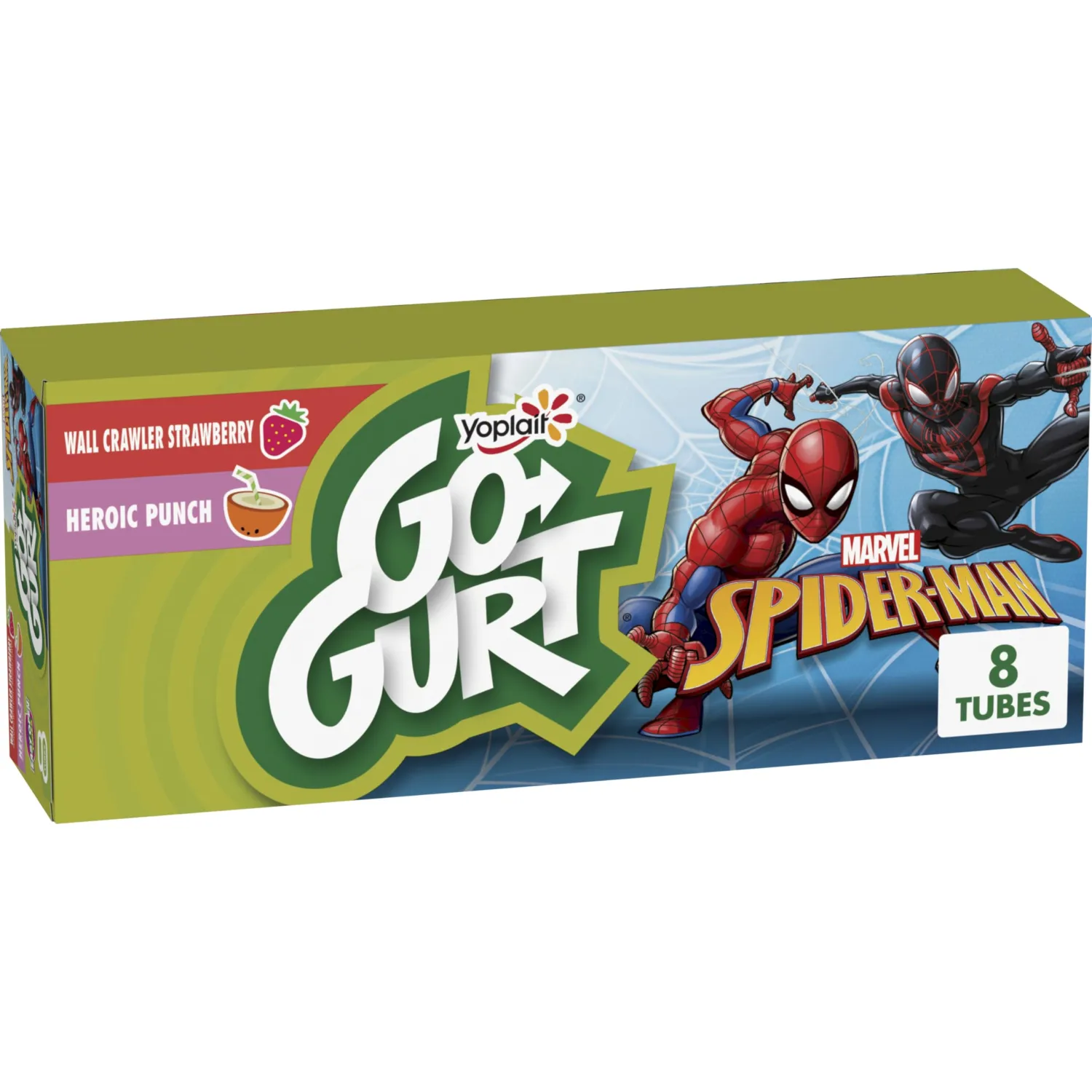 Go-GURT Marvel Spider-Man Wall Crawler Strawberry and Heroic Punch Kids Fat Free Yogurt Variety Pack, Gluten Free, 2 oz Yogurt Tubes (8 Count)