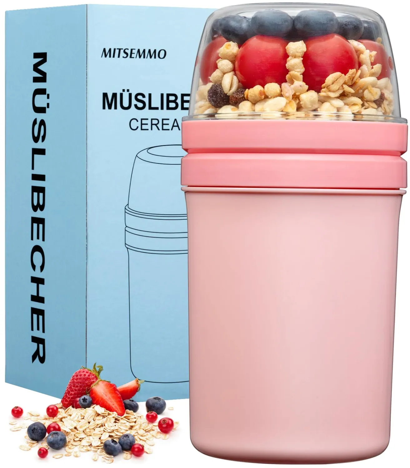 Snack Cup Reusable Snack Container with Lid,Yogurt Parfait Cups and Spoons,600ml+270ml Breakfast On The Go,Portable Cereal To Go Travel Cereal Bowl and Milk Container(Pink)