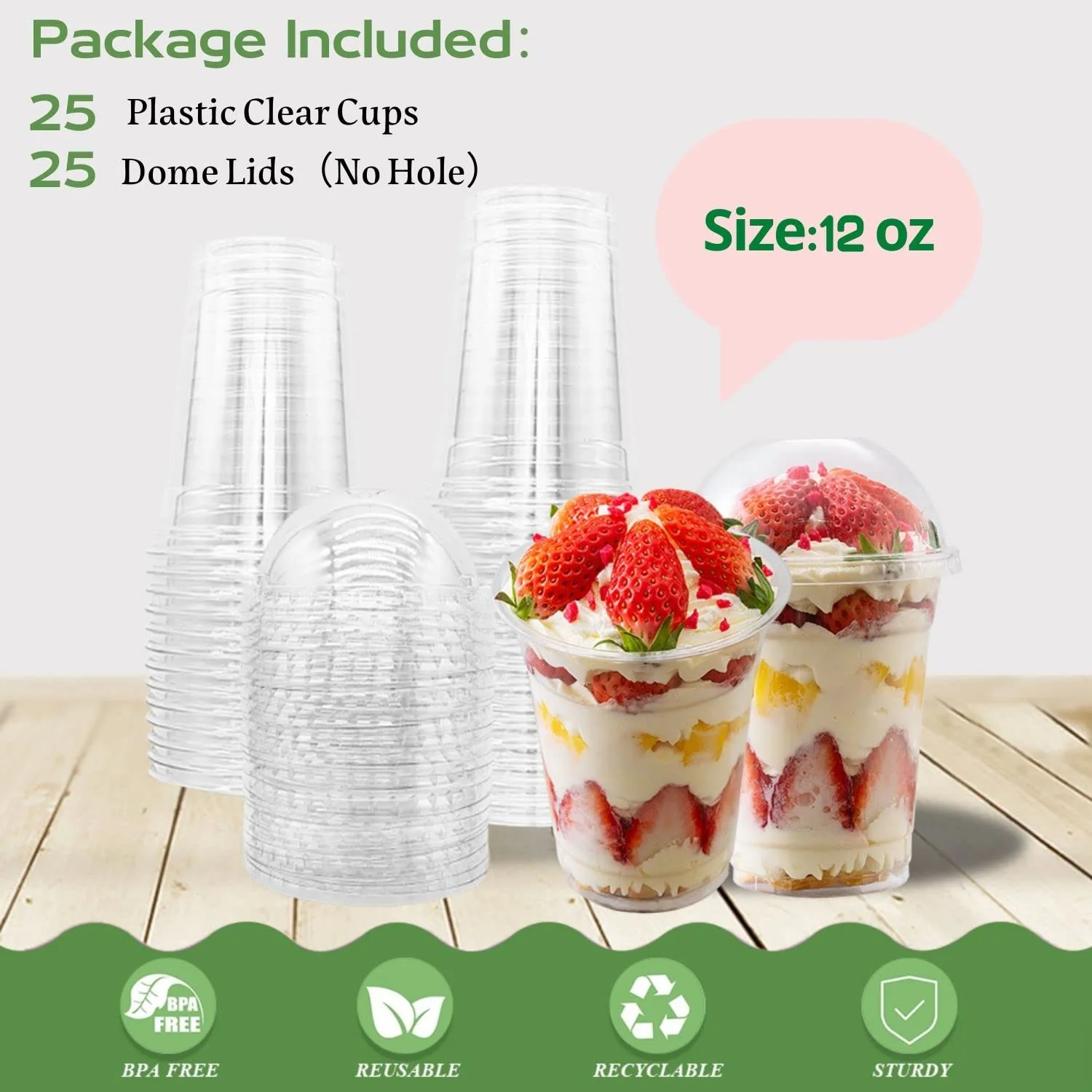Artpreti 25 Sets 12 oz Clear Plastic Parfait Cups with Dome Lids(NO HOLE) - Disposable Dessert Cups with Lids for Dips Snacks and Fruit Yogurt Smoothie Iced Cold Drinks, No Leaking