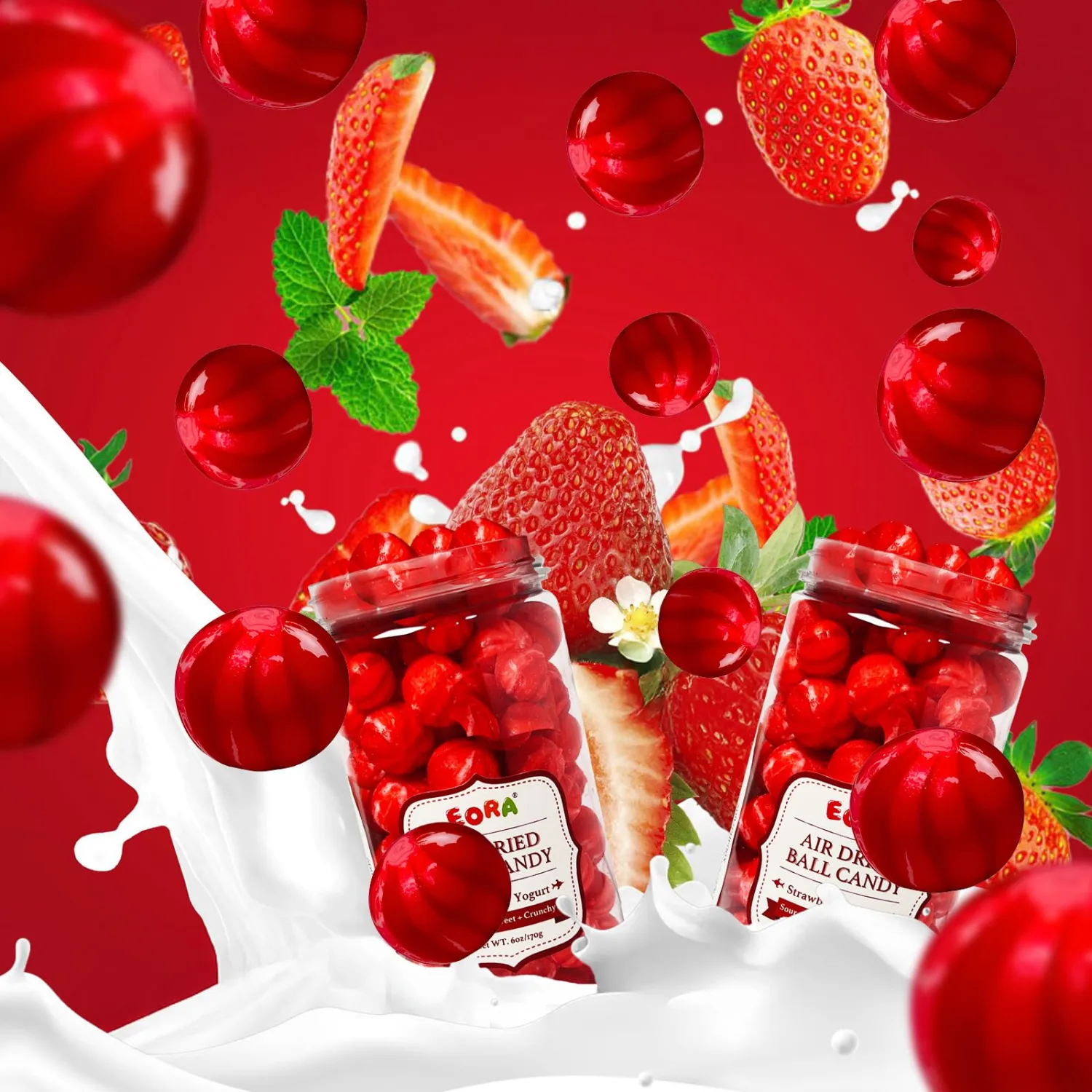 Crunchy Freeze Dried Candies Ball, Freeze-Dried Strawberry Yogurt Crunch Bombs, Red & White Swirl Candy with Tart & Sweet Kick - Shattering Crunchy Snacks for Kids & Adults - 7oz Reusable Jar