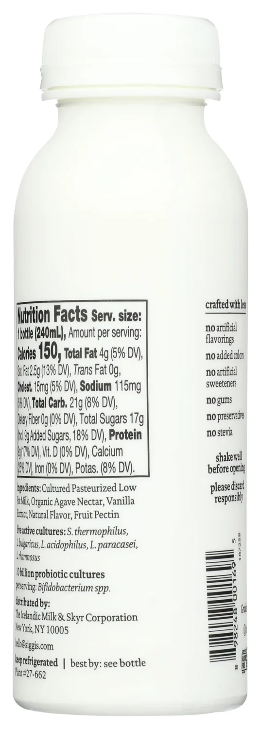 siggi’s® Probiotic Drinkable Whole Milk Yogurt, Vanilla, 8 oz. – Single Serving, Only 5 Ingredients