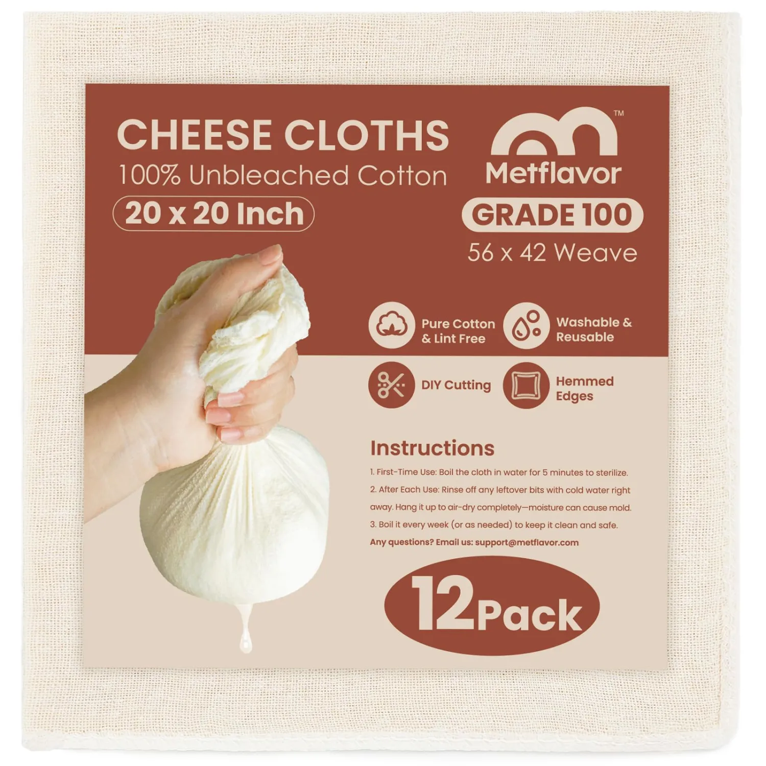12Pcs Reusable Cheesecloth for Straining 20x20 Inch,100 Grade Cheese Cloths Hemmed Edges, 100% Unbleached Cotton Cheese Cloth,Ultra-Dense Cloth Strainer for Yogurt/Nut Milk/Baking Making 56x42 Weave