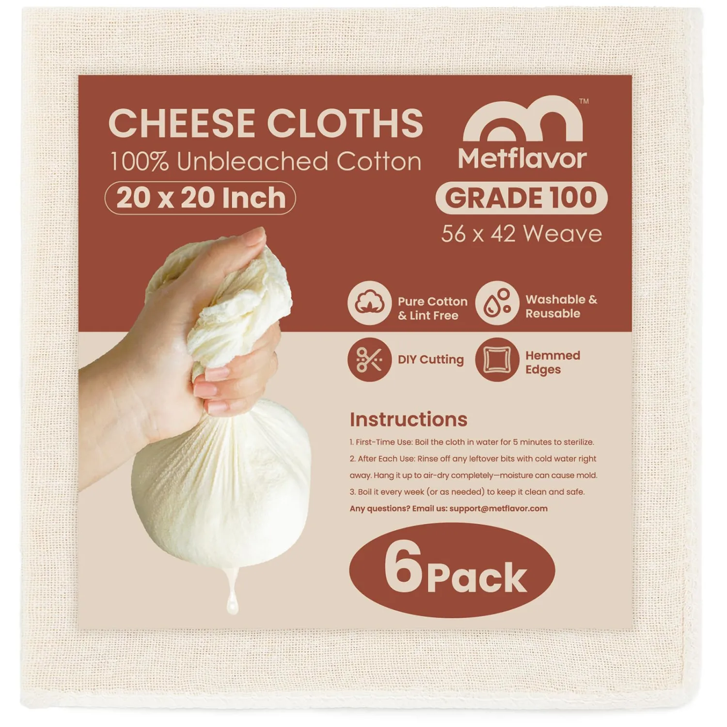 6Pcs Reusable Cheesecloth for Straining 20x20 Inch,100 Grade Cheese Cloths Hemmed 4 Edges, 100% Unbleached Cotton Cheese Cloth,Ultra-Dense Cloth Strainer for Yogurt/Nut Milk/Baking Making 56x42 Weave