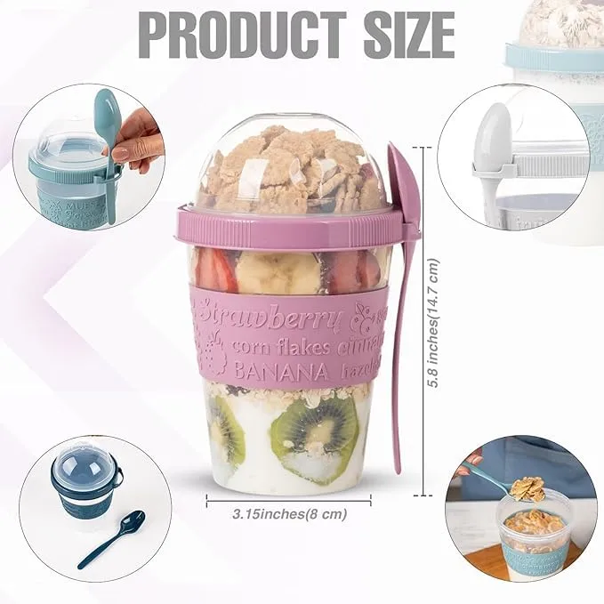 4-Pack Portable Yogurt Parfait Cups with Lids & Spoons | Perfect for Overnight Oats, Cereal, Granola, and Reusable On-the-Go Snacks for Breakfast (4 Colors Set)