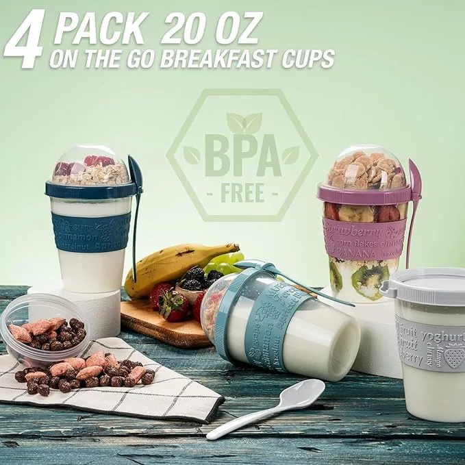 4-Pack Portable Yogurt Parfait Cups with Lids & Spoons | Perfect for Overnight Oats, Cereal, Granola, and Reusable On-the-Go Snacks for Breakfast (4 Colors Set)