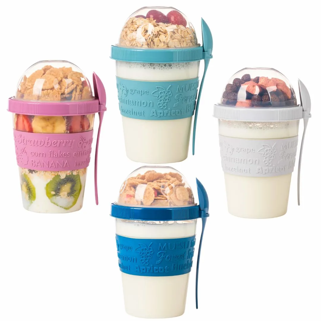 4-Pack Portable Yogurt Parfait Cups with Lids & Spoons | Perfect for Overnight Oats, Cereal, Granola, and Reusable On-the-Go Snacks for Breakfast (4 Colors Set)