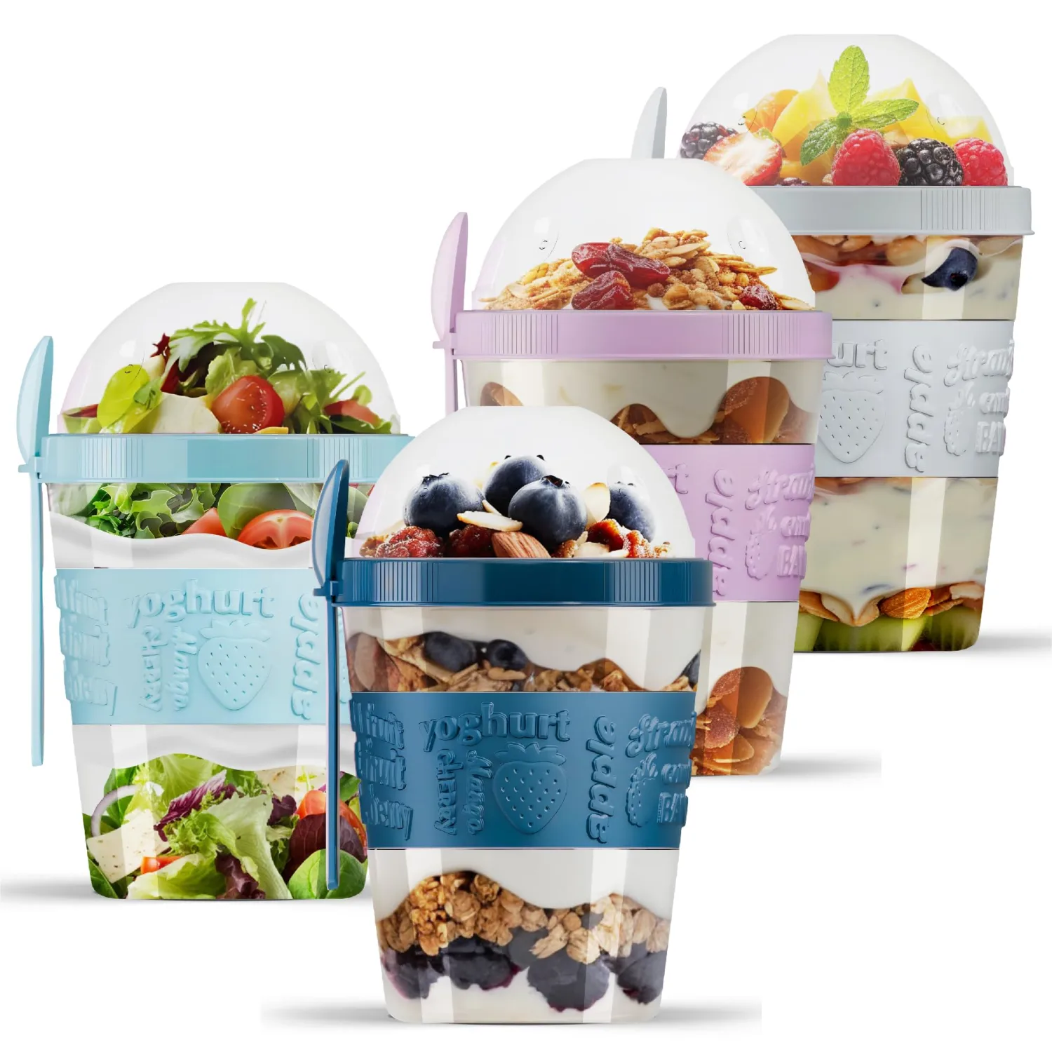 4-Pack Parfait Cups with Lids and Spoons - Reusable Containers for On-the-Go - Portable Cups with Topping Storage - Ideal for Oatmeal and Breakfast Prep (20 oz - Mix Color)