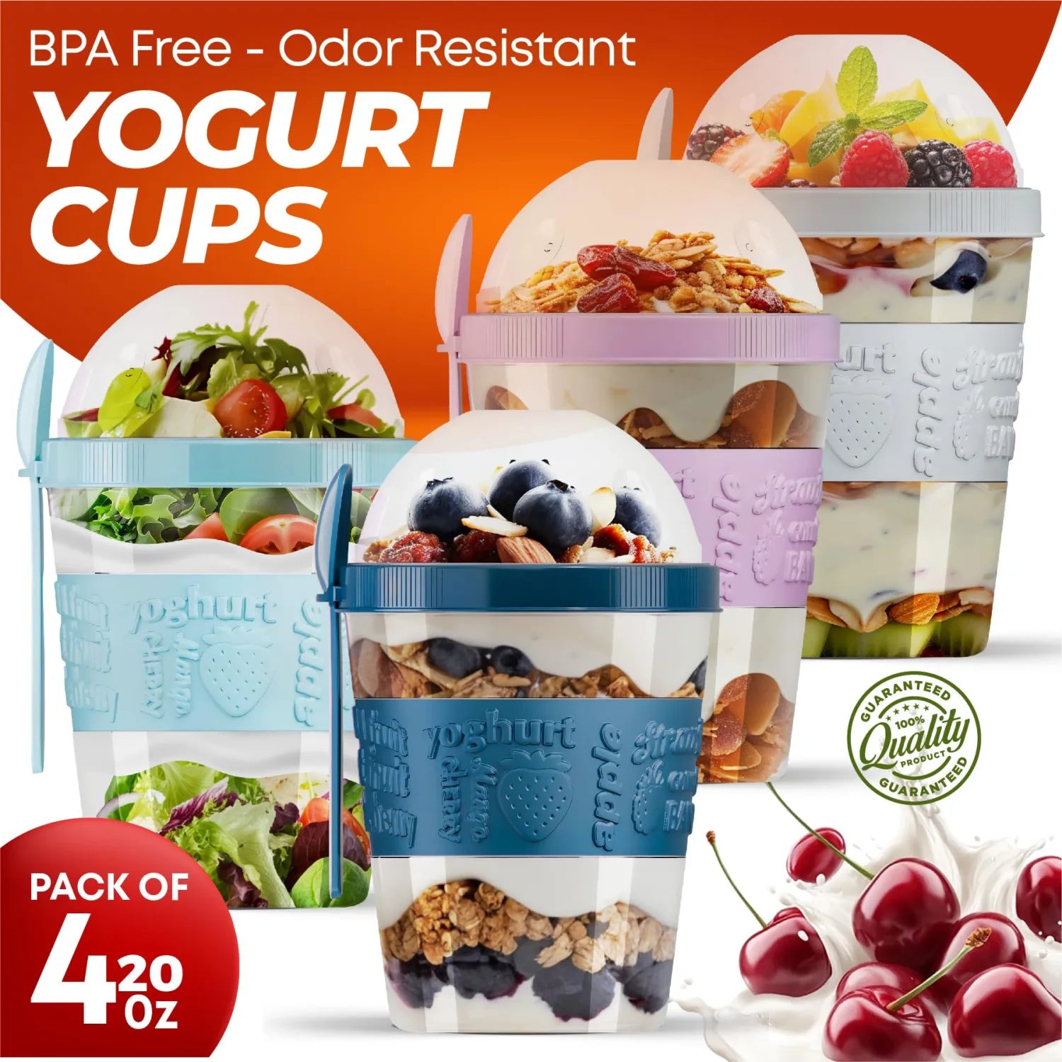 4-Pack Parfait Cups with Lids and Spoons - Reusable Containers for On-the-Go - Portable Cups with Topping Storage - Ideal for Oatmeal and Breakfast Prep (20 oz - Mix Color)