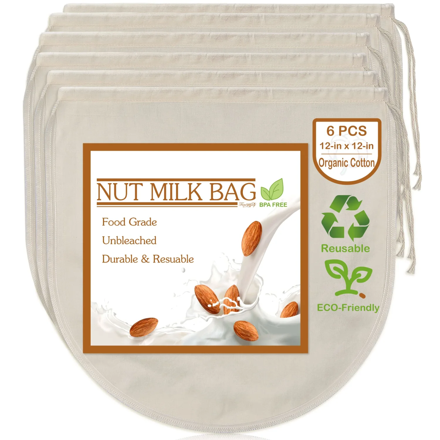 6 PCS 12"x12" Nut Milk Bags - 100% Unbleached Cotton Cheesecloth, Reusable Food Strainer Colander For Straining Almond/Oat Milk, Celery Juice, Cold Brew Coffee, Yogurt and Cheese Making