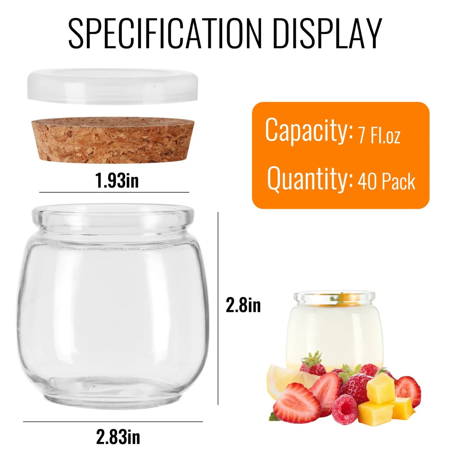 7 oz Glass Yogurt Jars 40 Pack with Cork Lids and PE Lids, Glass Pudding Jars for Jam, Jelly, Honey, Wedding Favors