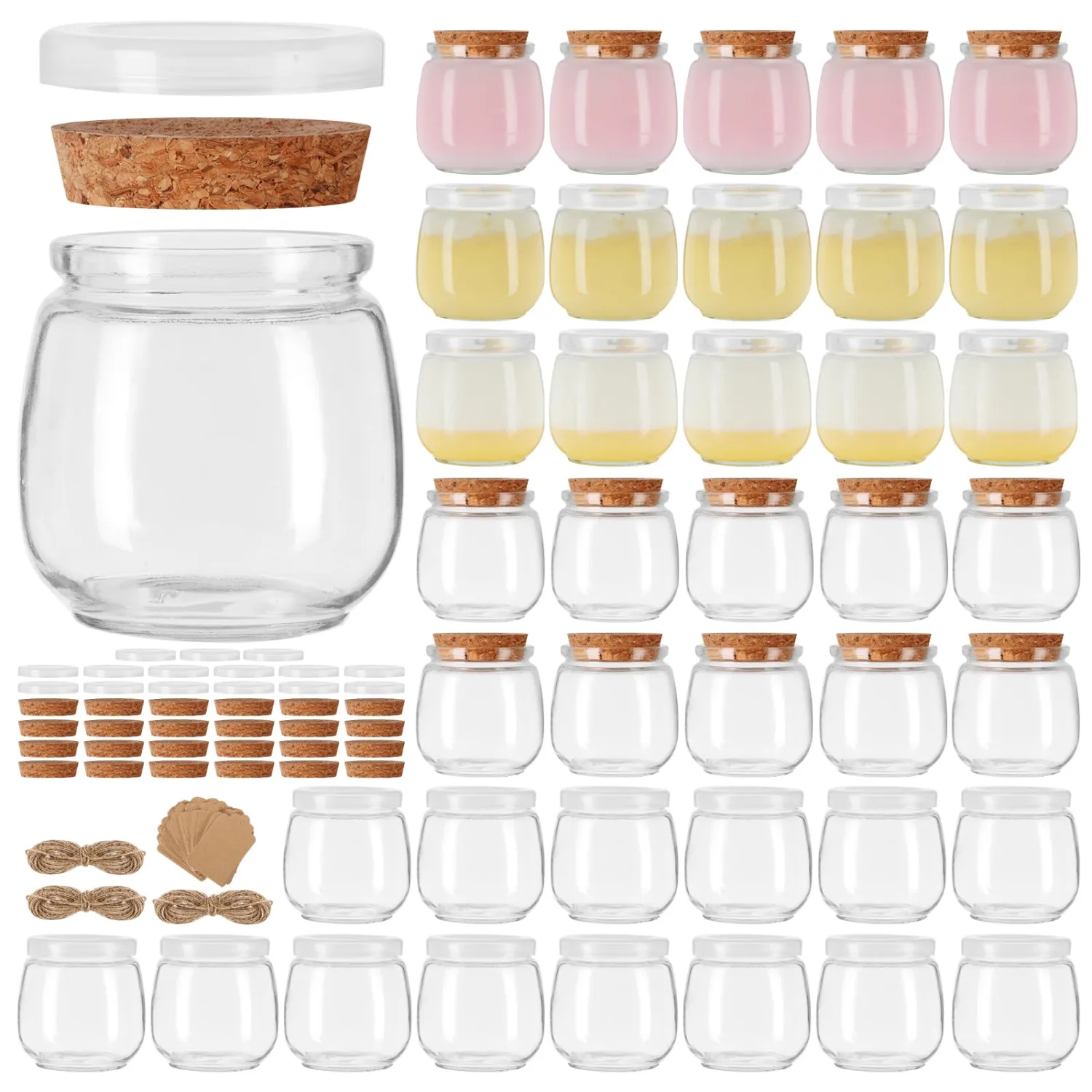 7 oz Glass Yogurt Jars 40 Pack with Cork Lids and PE Lids, Glass Pudding Jars for Jam, Jelly, Honey, Wedding Favors