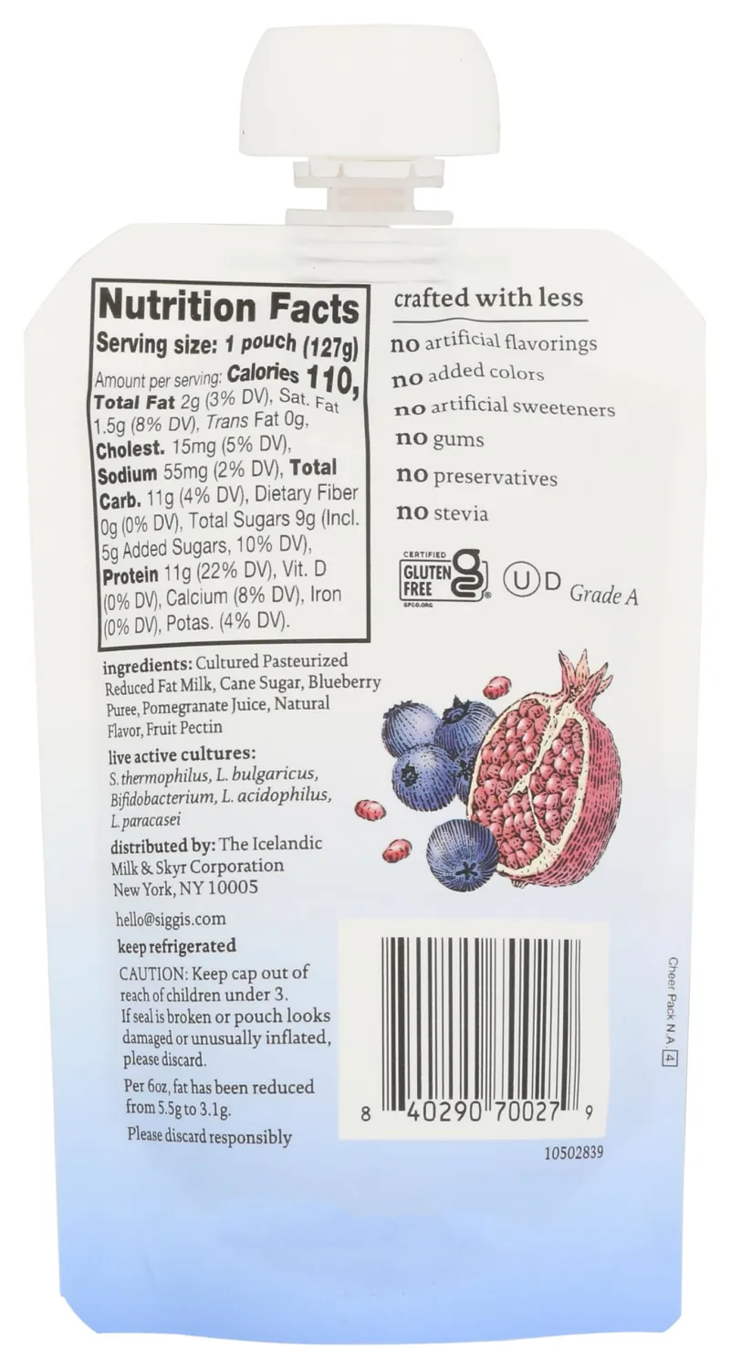 Siggi's, Blueberry Pomegranate Yogurt Pouch, 4.5 Ounce