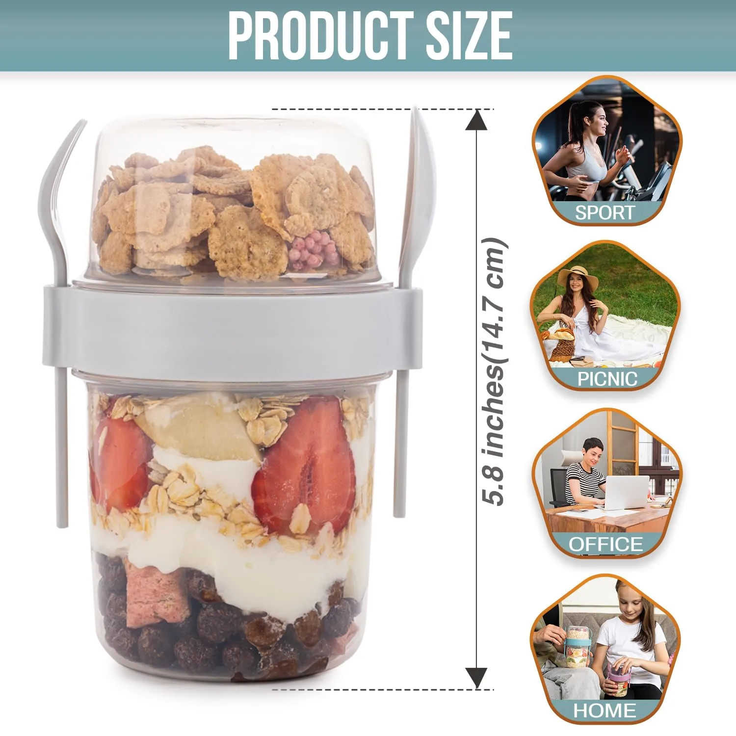 On The Go Cereal Yogurt Cups with Lids and Spoon, Overnight Oats Container, Reusable Parfait Plastic Milk Jar Breakfast Crunch (4 Pcs Mix Colors)