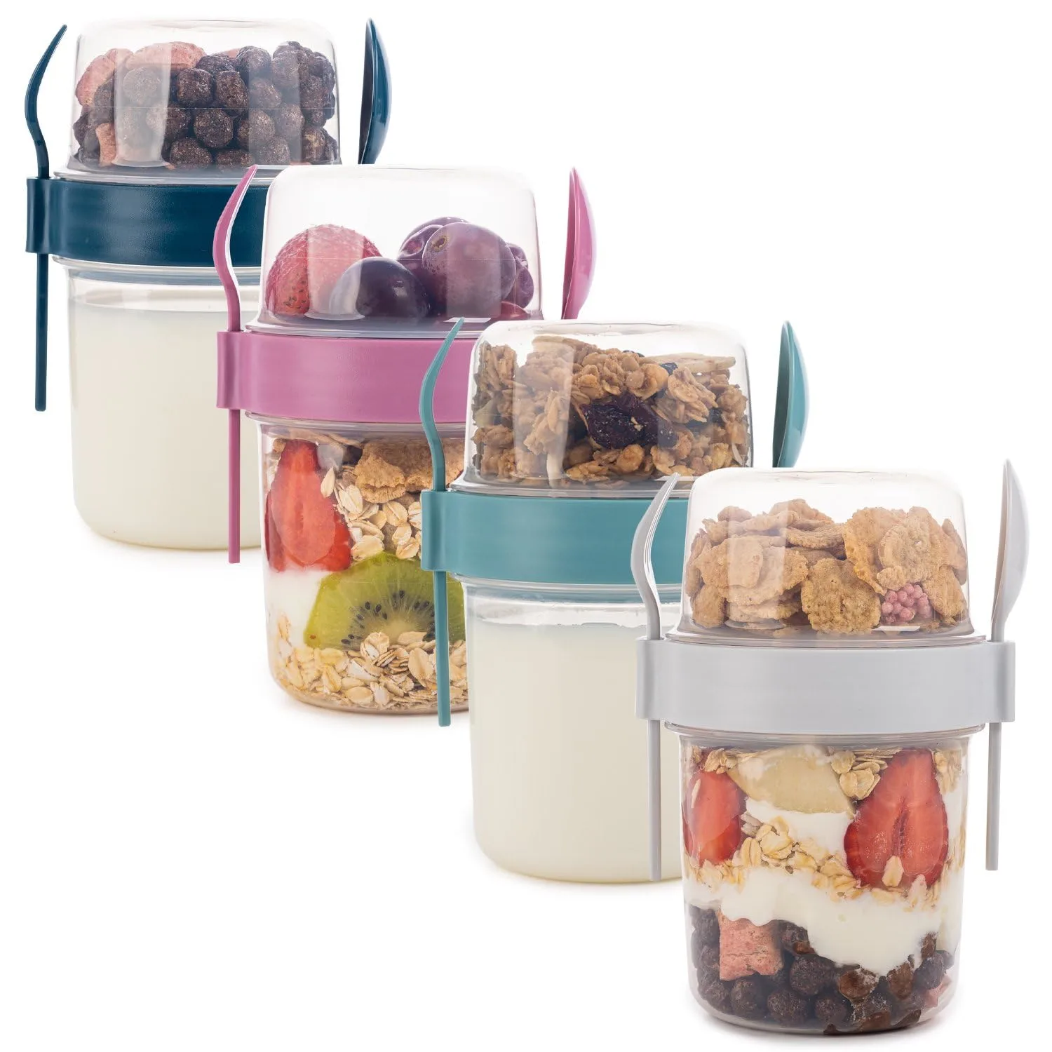 On The Go Cereal Yogurt Cups with Lids and Spoon, Overnight Oats Container, Reusable Parfait Plastic Milk Jar Breakfast Crunch (4 Pcs Mix Colors)