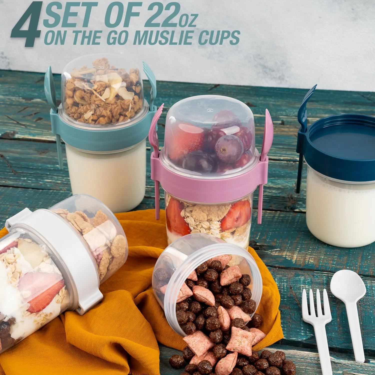 On The Go Cereal Yogurt Cups with Lids and Spoon, Overnight Oats Container, Reusable Parfait Plastic Milk Jar Breakfast Crunch (4 Pcs Mix Colors)
