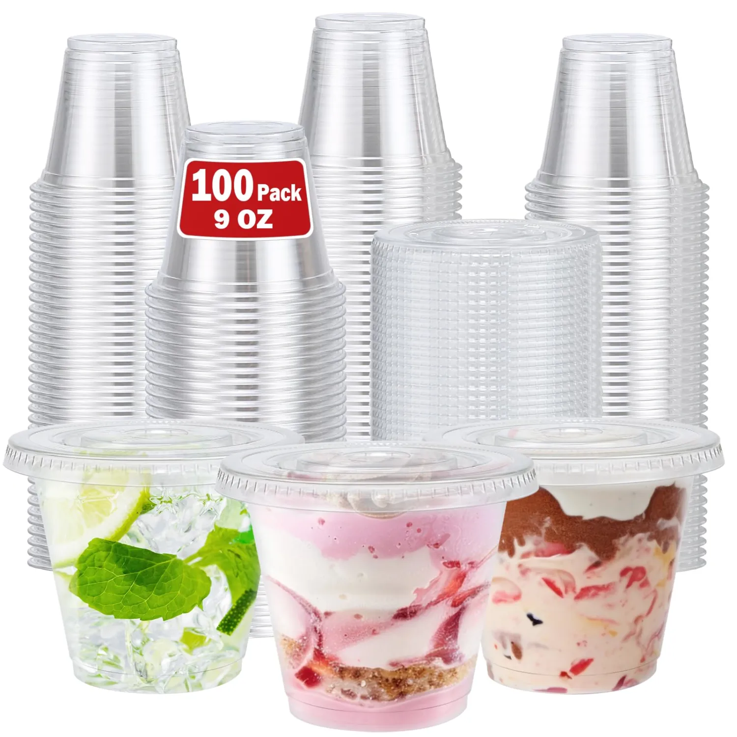 100 Pack 9 oz Clear Plastic Cups with Lids, Disposable Dessert Cup, Fruit Cup, Clear PET Cups for Cake, Cold Drink, Ice Cream, Salad