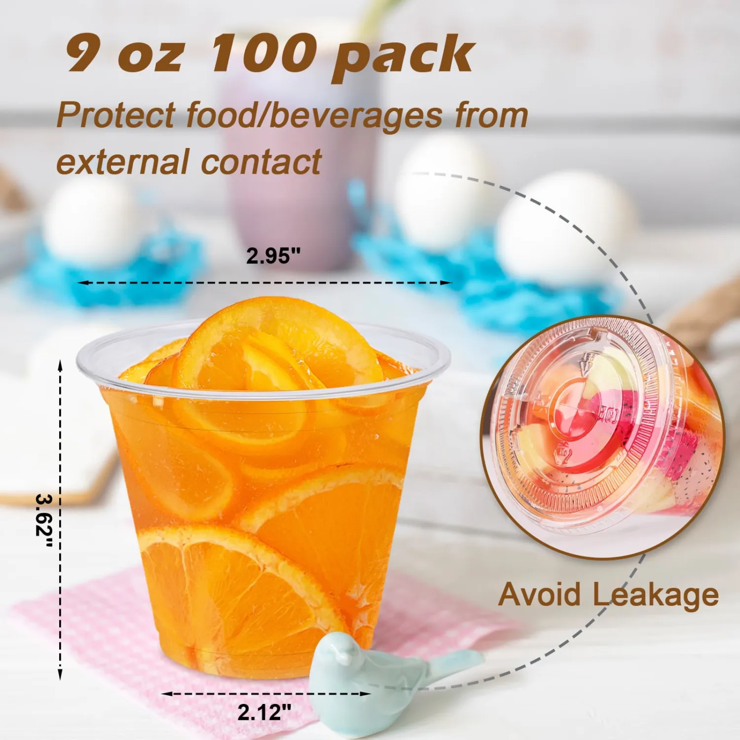100 Pack 9 oz Clear Plastic Cups with Lids, Disposable Dessert Cup, Fruit Cup, Clear PET Cups for Cake, Cold Drink, Ice Cream, Salad