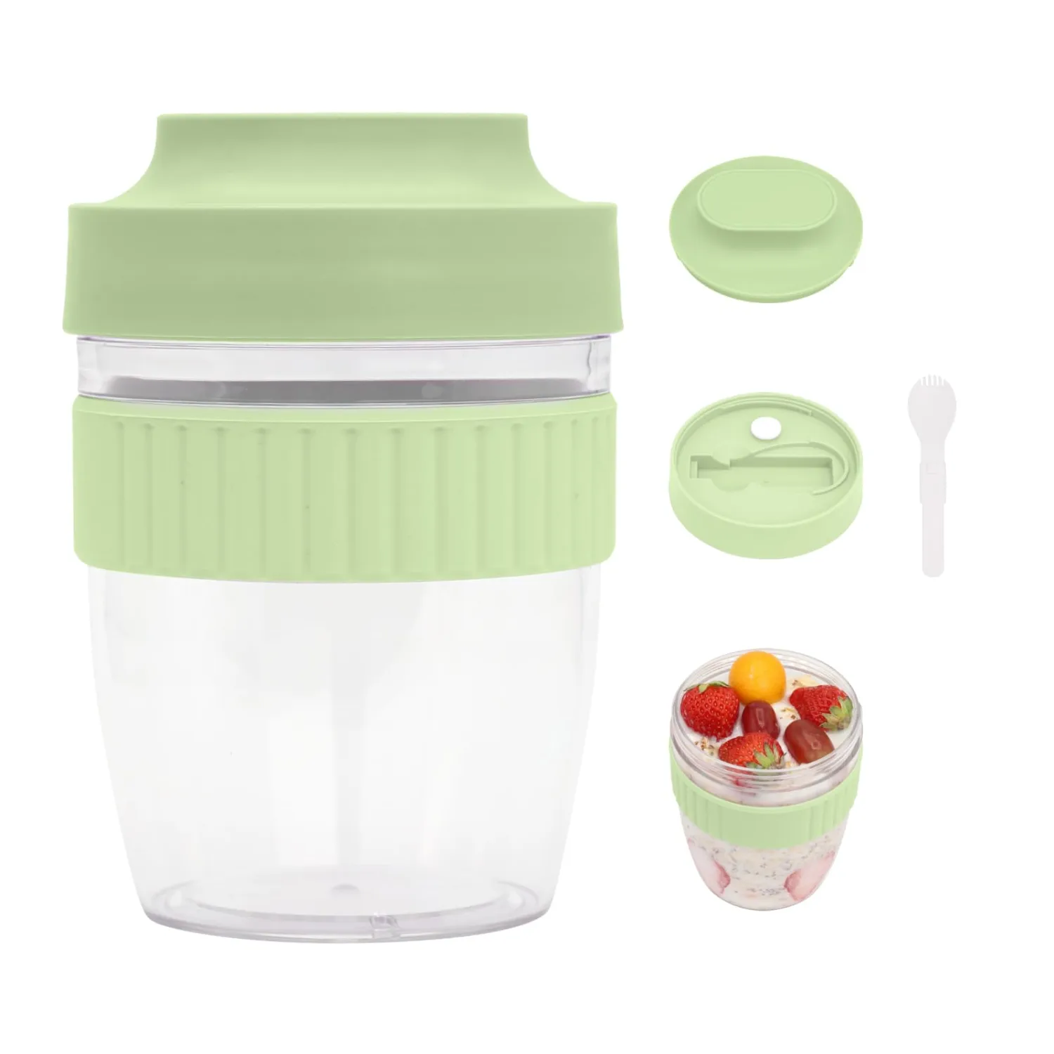 Breakfast On The Go Cups, Overnight Oats Containers With Lid And Folding Spoon, Take And Go Yogurt Cereal Snack Parfait Salad Containers For Lunch, Fruit & Vegetable Jar, 20 oz(Green)