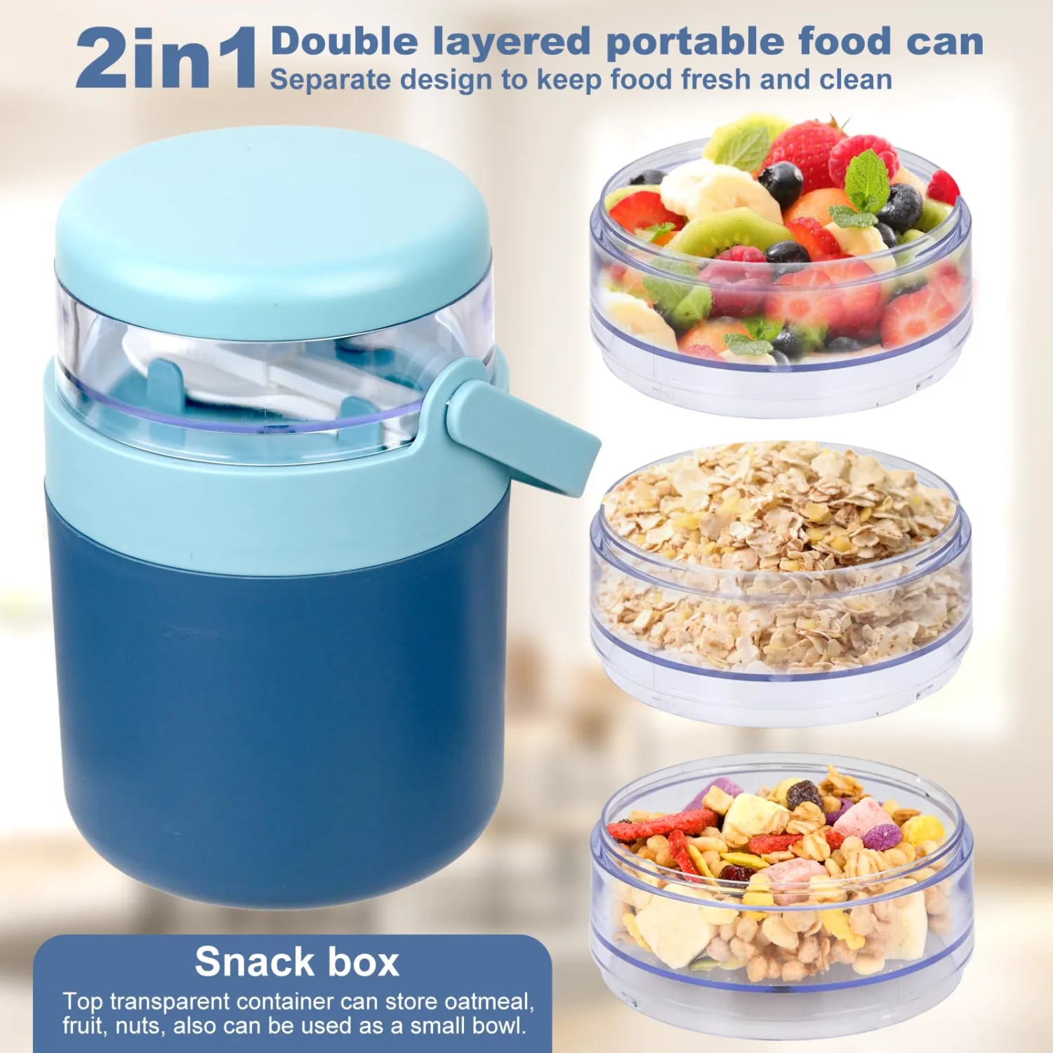 Snack Cup Container with Lid,Oats Containers,570ml+160ml Yogurt and Fruit Holder Cereal Container,Reusable Travel Cereal Bowl and Milk Container
