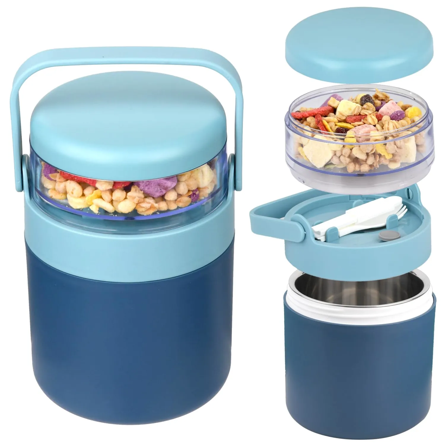 Snack Cup Container with Lid,Oats Containers,570ml+160ml Yogurt and Fruit Holder Cereal Container,Reusable Travel Cereal Bowl and Milk Container