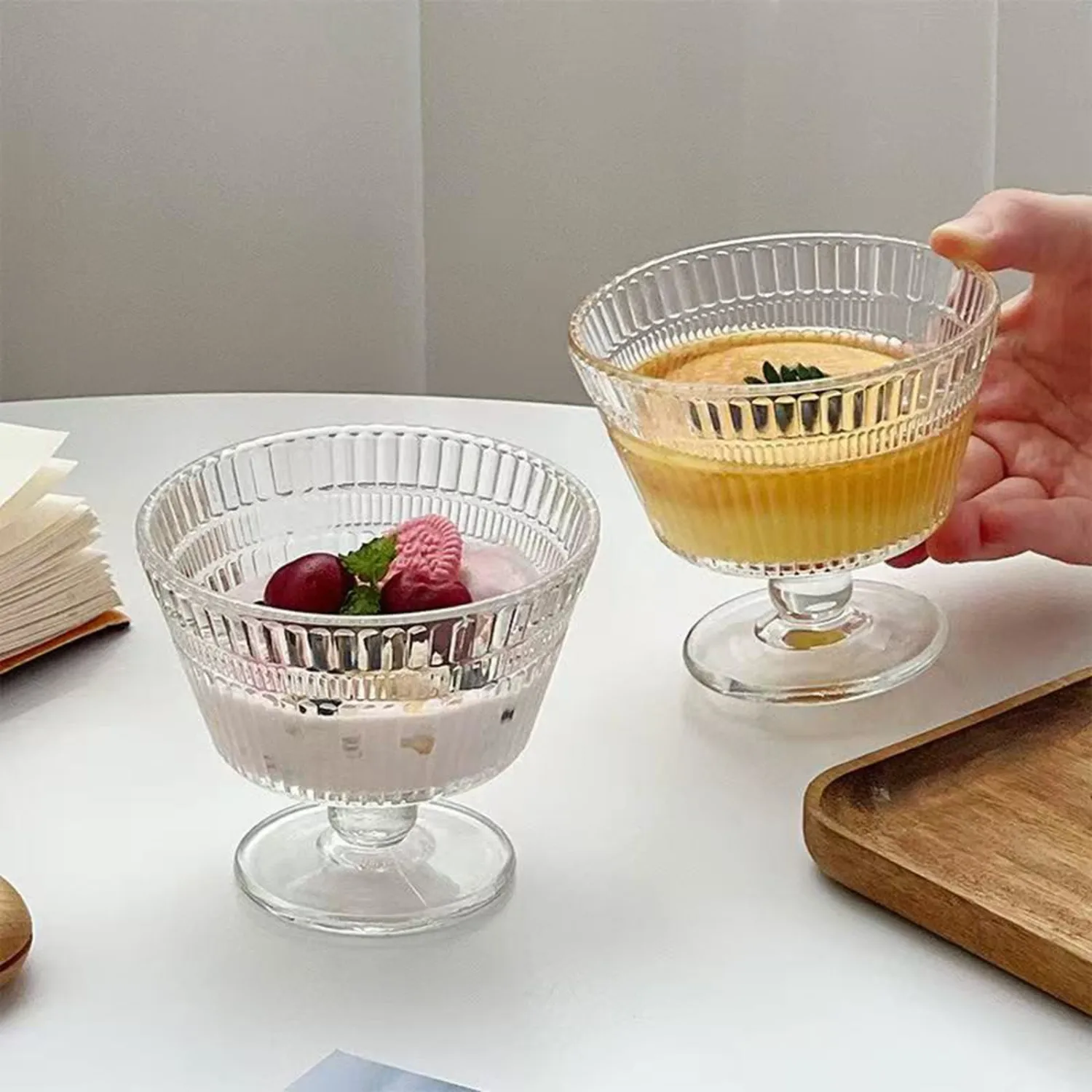 Vintage Glass Dessert Bowls, Dessert cups Set of 4, 9 oz Sundae Cups for Ice Cream, Fruit, Pudding, small snacks, Yogurt, and Appetizers (4)