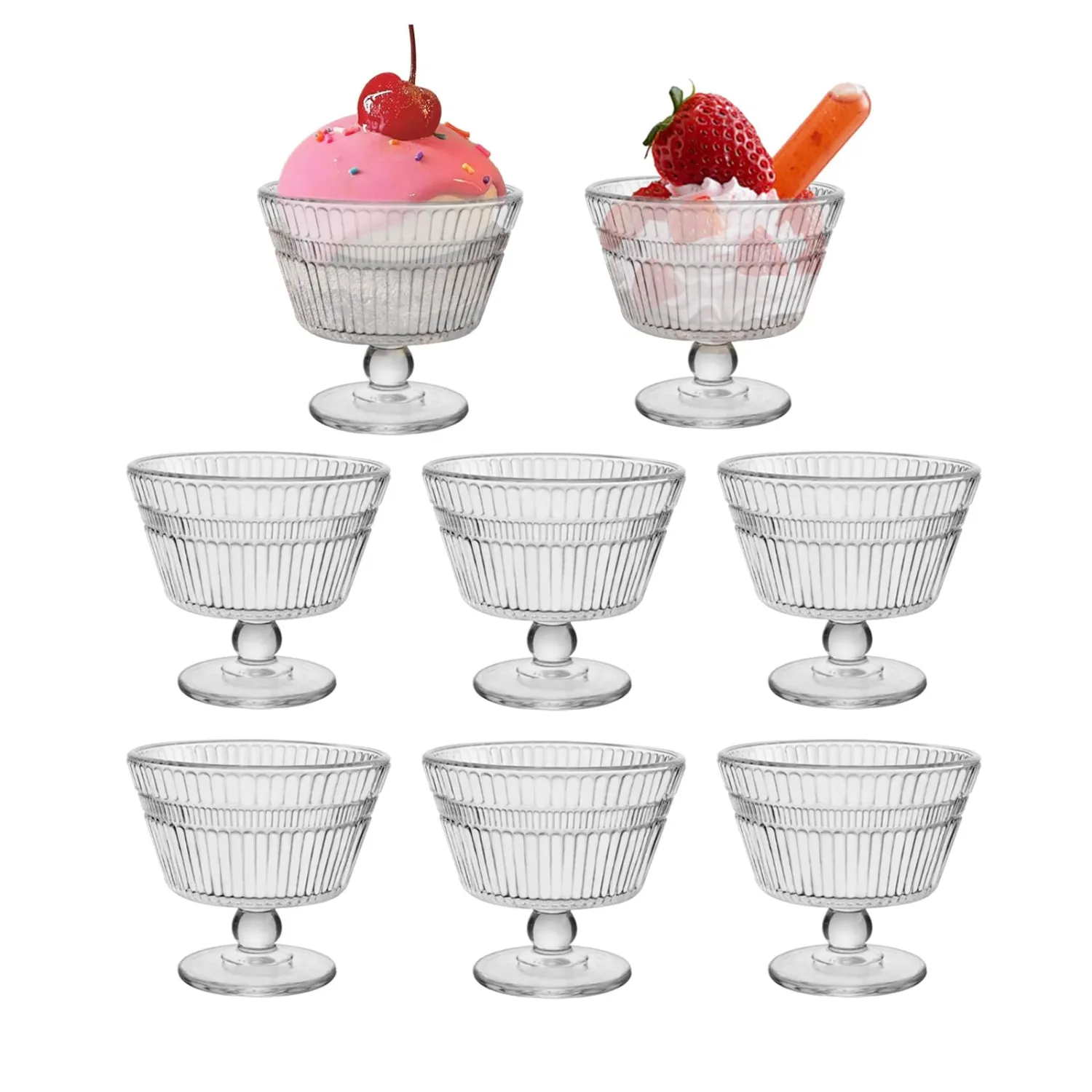 Vintage Glass Dessert Bowls, Dessert cups Set of 8, 9 oz Sundae Cups for Ice Cream, Fruit, Pudding, small snacks, Yogurt, and Appetizers (8)