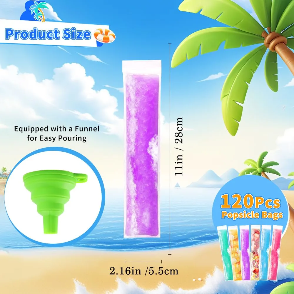 Popsicle Bags 120Pcs Ice Pop Bags Popsicle Mold Bag Disposable Popsicles Bag 11x2" Sealable Plastic Freezer Tubes with Zip Seal and Funnel for Ice Pops Yogurt Tube Juice Fruit Smoothies DIY Snacks
