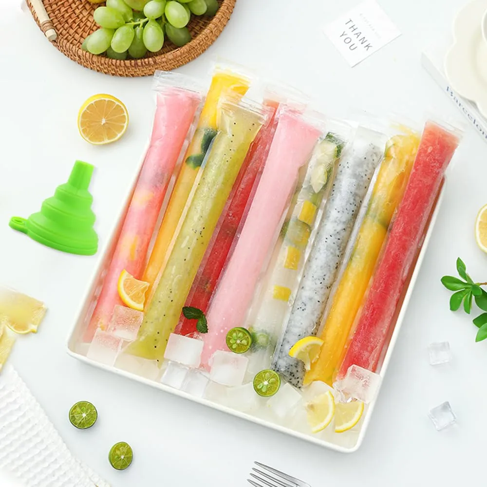 Popsicle Bags 200Pcs Ice Pop Bags Popsicle Mold Bag Disposable Popsicles Bag 11x2" Sealable Plastic Freezer Tubes with Zip Seal and Funnel for Ice Pops Yogurt Tube Juice Fruit Smoothies DIY Snack