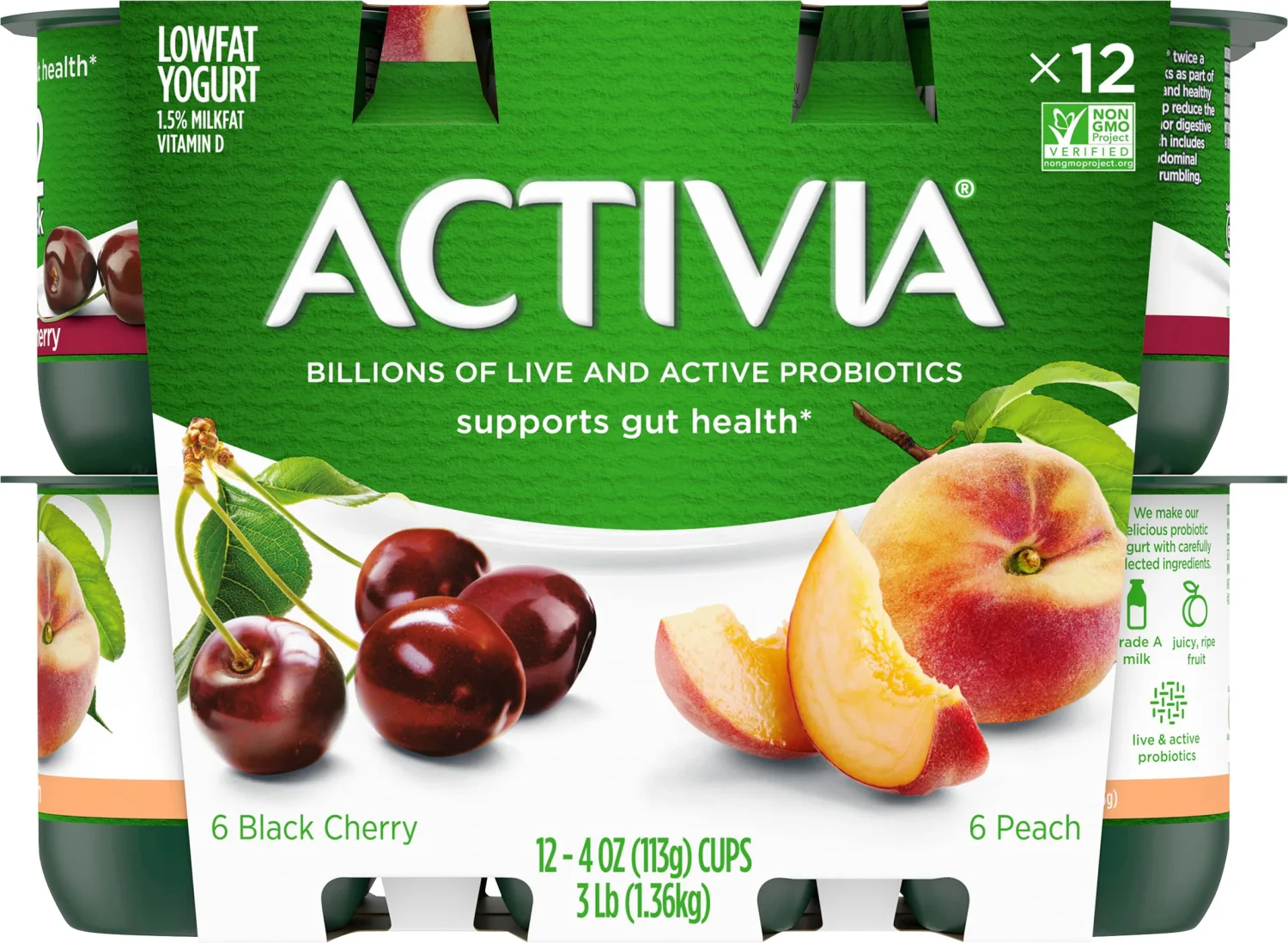 Activia, Yogurt Peach & Black Cherry 12 Pack, 48 Ounce